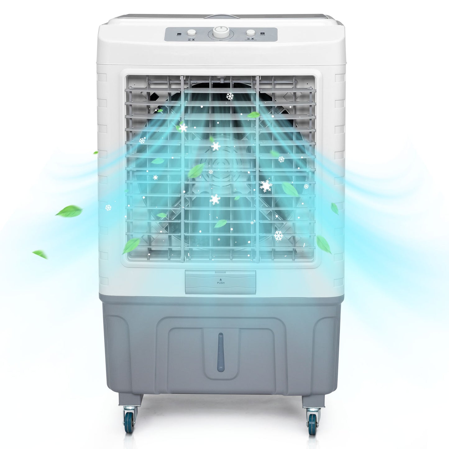3 in 1 Portable Evaporative Cooler,Indoor,Outdoor,4118CFM Personal Air Cooler,Mechanical control ,13.2 Gal Large Water Tank & Scroll Casters, 4 Ice Packs,White and gray