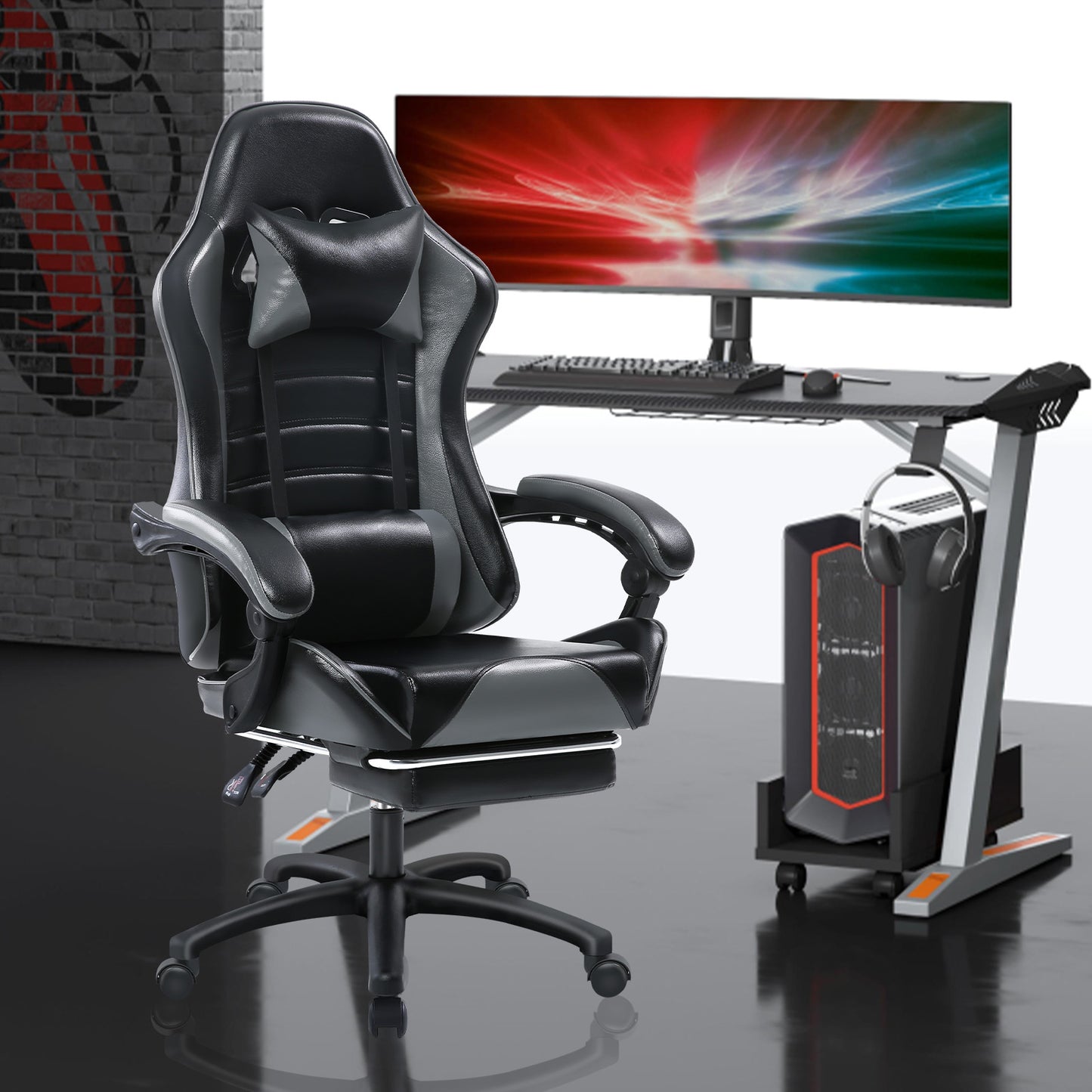 Game Chair, Adult Electronic Gaming Chair, Ergonomically Designed, PU Leather, Lounge Chair with Footstool and Waist Support, Office Chair, Gray