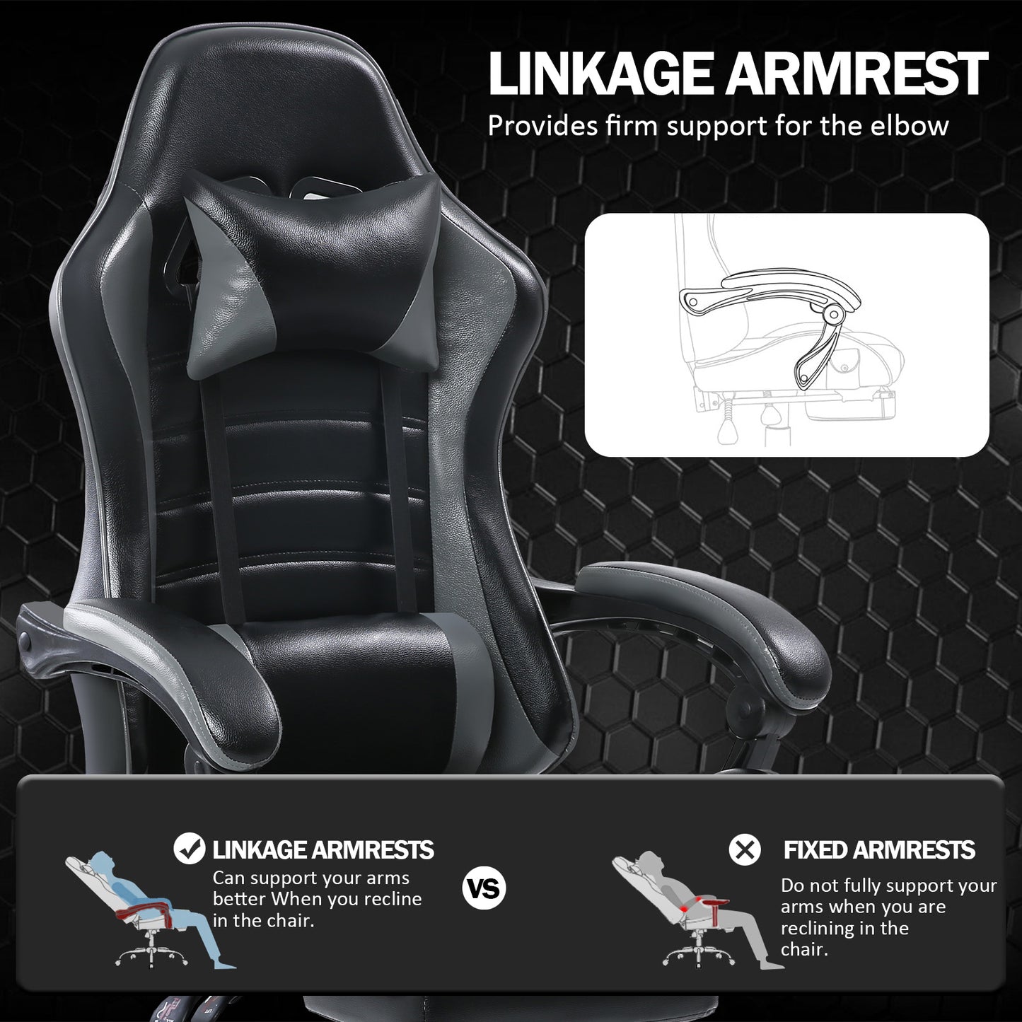 Game Chair, Adult Electronic Gaming Chair, Ergonomically Designed, PU Leather, Lounge Chair with Footstool and Waist Support, Office Chair, Gray
