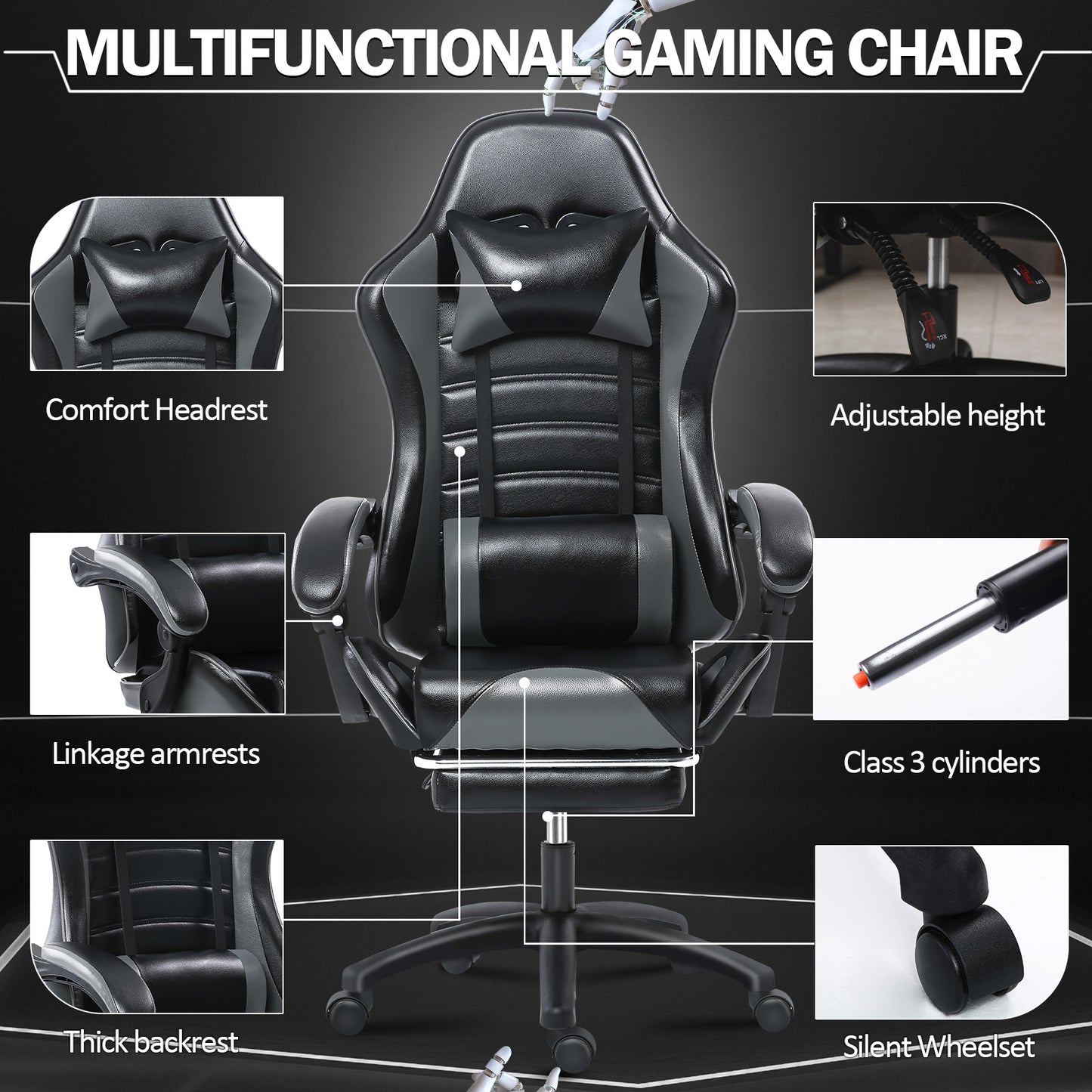 Game Chair, Adult Electronic Gaming Chair, Ergonomically Designed, PU Leather, Lounge Chair with Footstool and Waist Support, Office Chair, Gray