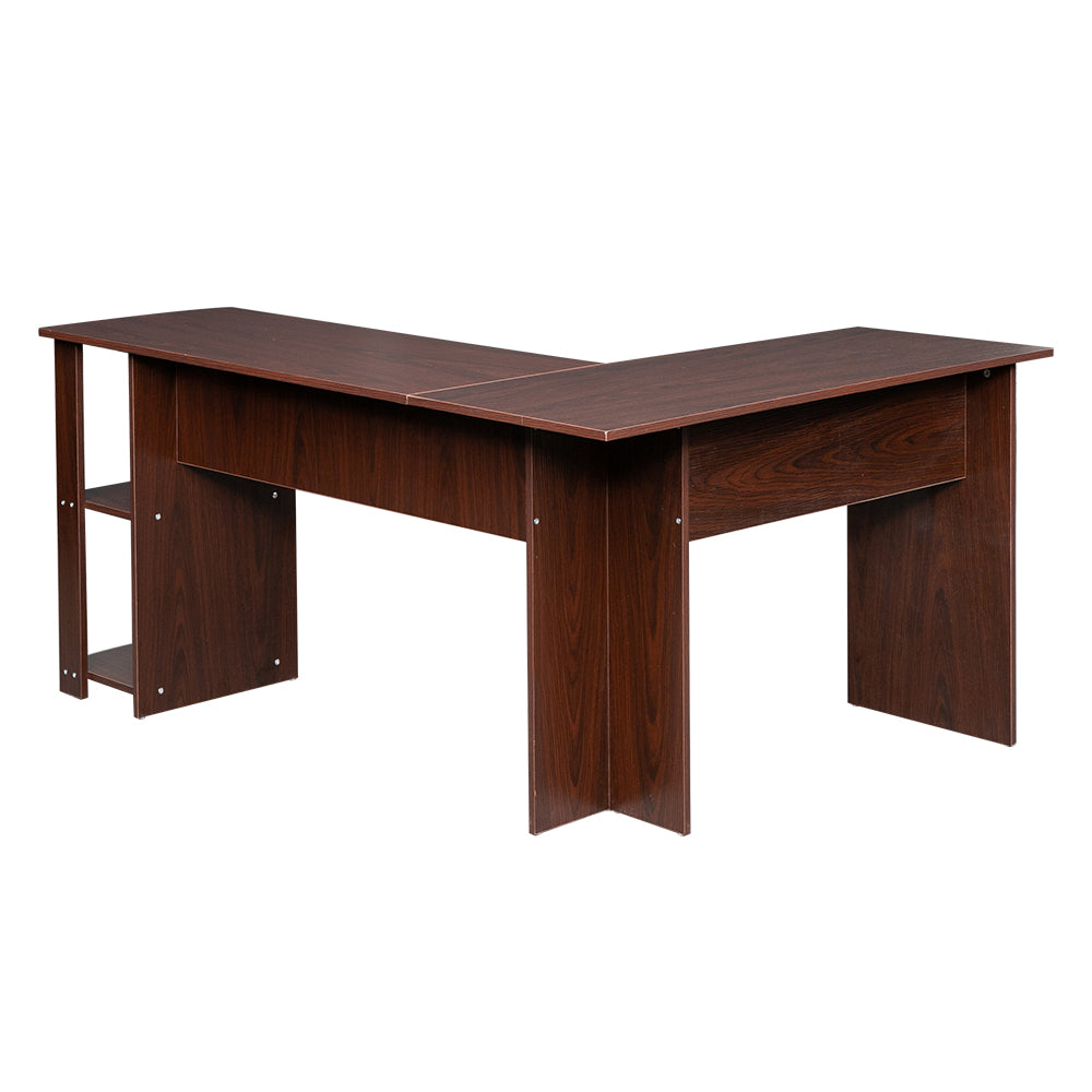 L-Shaped Wood Right-angle Computer Desk with Two-layer Bookshelves
