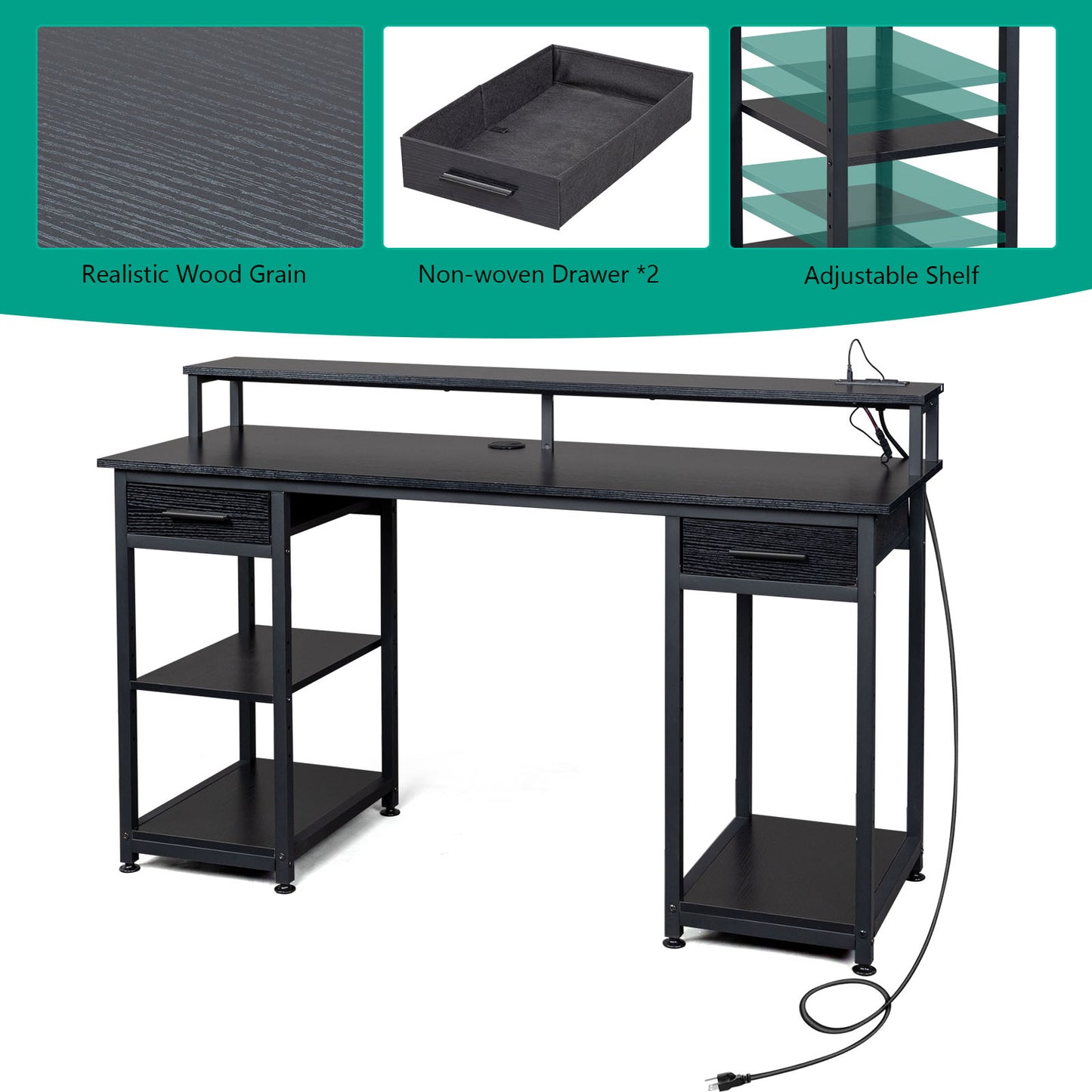 Black wood grain particleboard with non-woven fabric drawer 140*50*86cm multi-layer shelf computer desk with 2 power sockets and 2 USB power interfaces