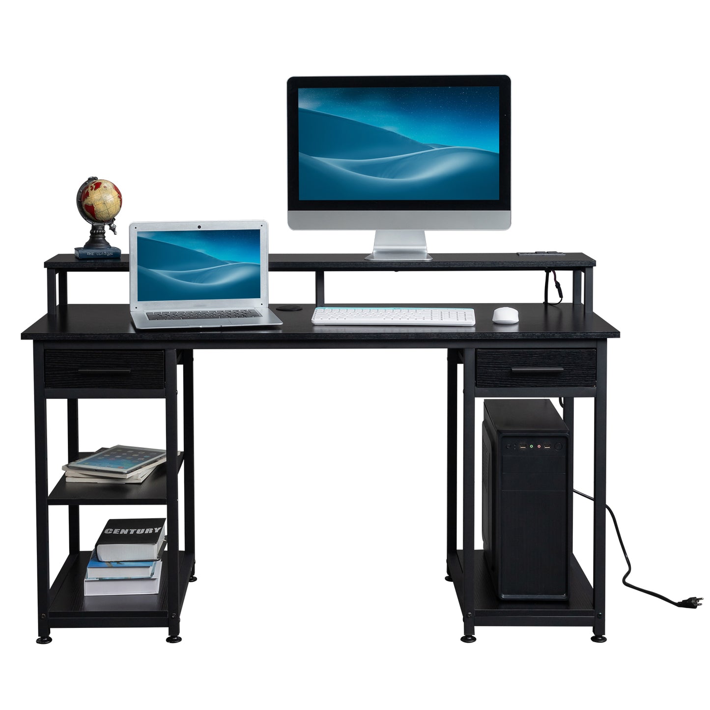 Black wood grain particleboard with non-woven fabric drawer 140*50*86cm multi-layer shelf computer desk with 2 power sockets and 2 USB power interfaces