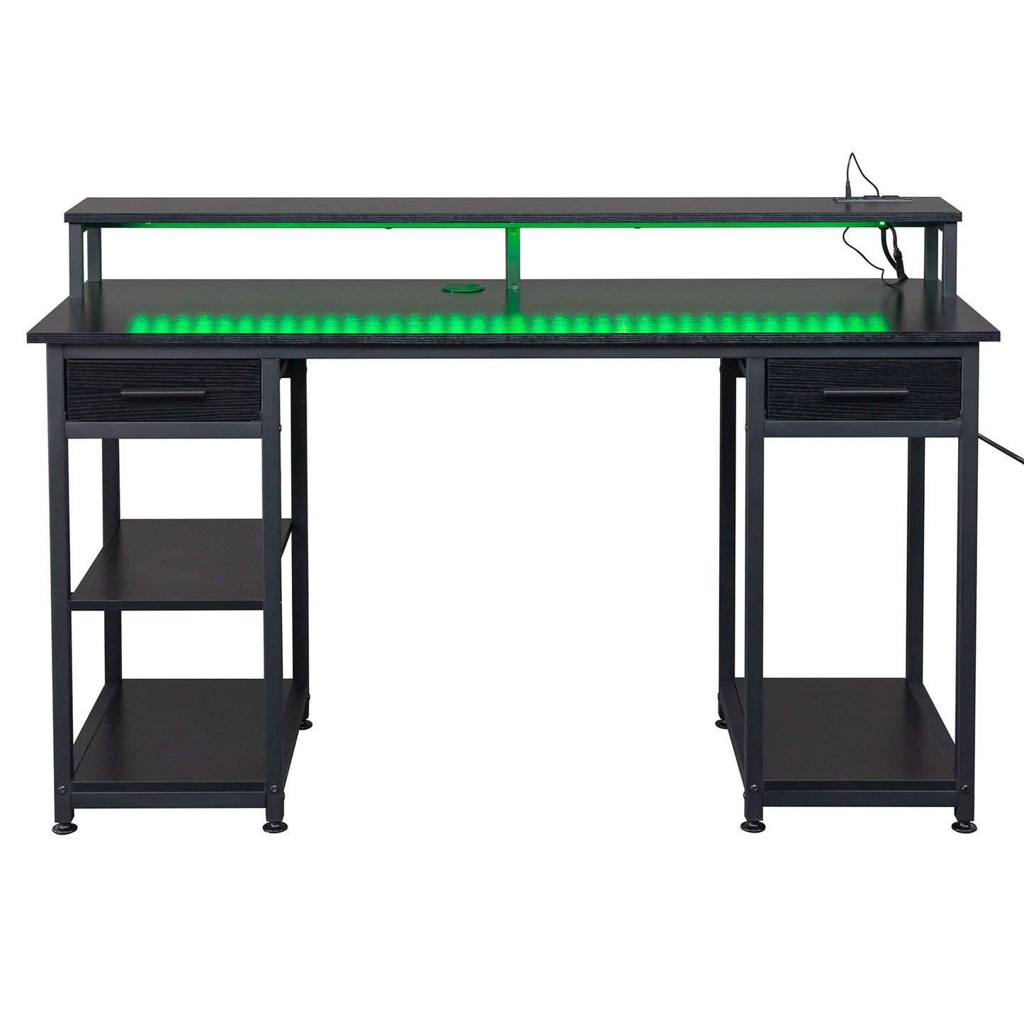 Black wood grain particleboard with non-woven fabric drawer 140*50*86cm multi-layer shelf computer desk with 2 power sockets and 2 USB power interfaces