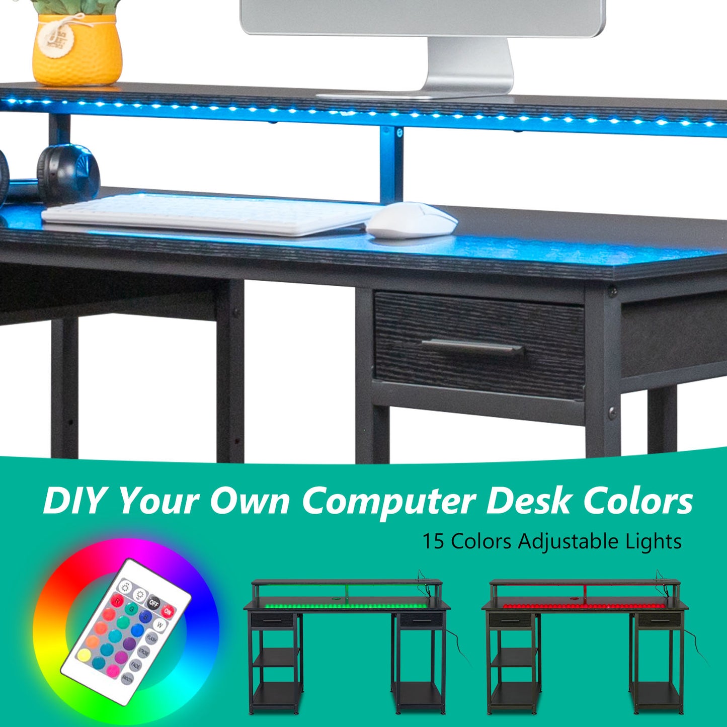 Black wood grain particleboard with non-woven fabric drawer 140*50*86cm multi-layer shelf computer desk with 2 power sockets and 2 USB power interfaces
