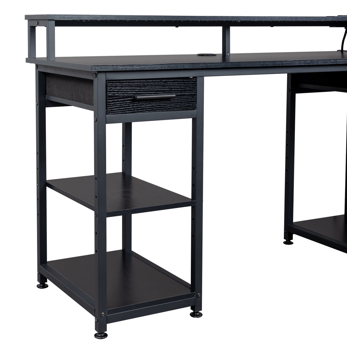 Black wood grain particleboard with non-woven fabric drawer 140*50*86cm multi-layer shelf computer desk with 2 power sockets and 2 USB power interfaces