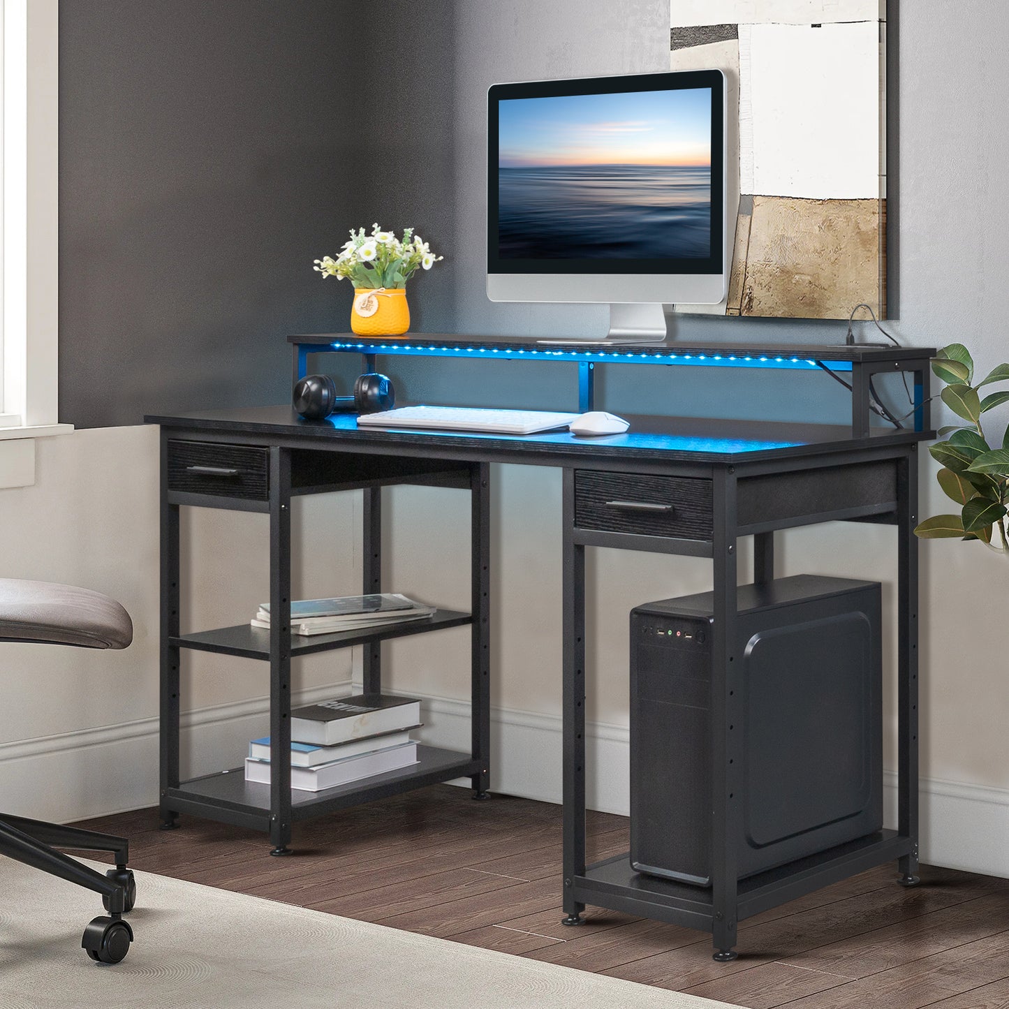 Black wood grain particleboard with non-woven fabric drawer 140*50*86cm multi-layer shelf computer desk with 2 power sockets and 2 USB power interfaces
