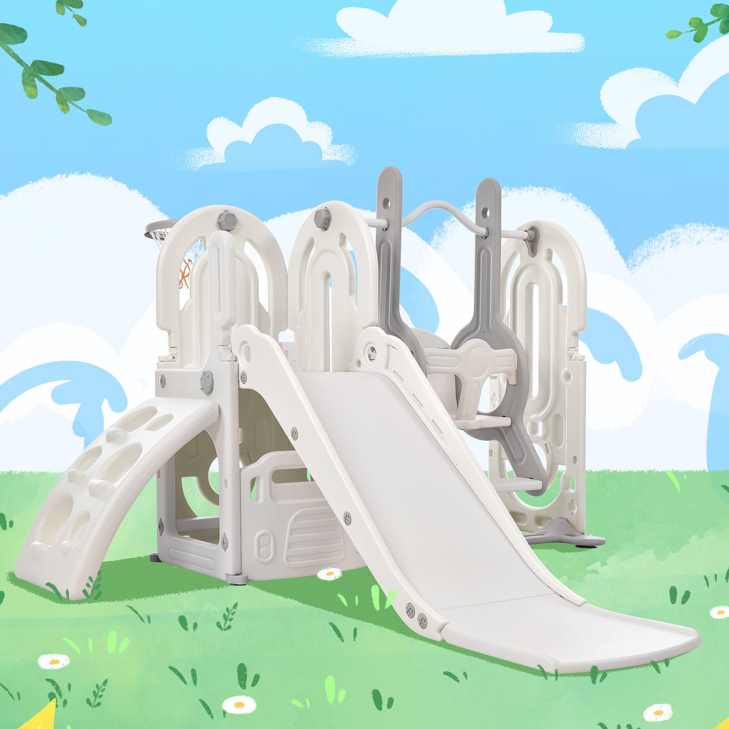 Toddler Slide and Swing Set 5 in 1, Kids Playground Climber Slide Playset with Basketball Hoop Combination for Babies Indoor & Outdoor