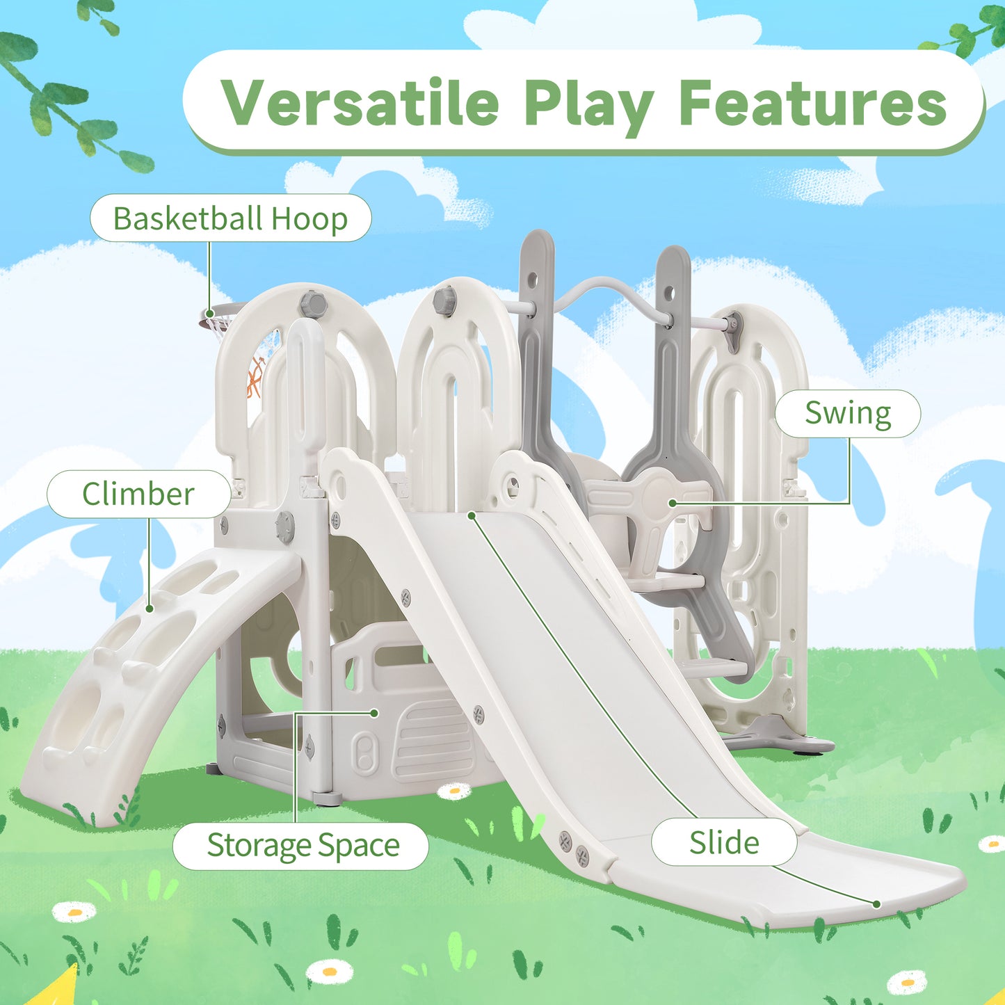 Toddler Slide and Swing Set 5 in 1, Kids Playground Climber Slide Playset with Basketball Hoop Combination for Babies Indoor & Outdoor
