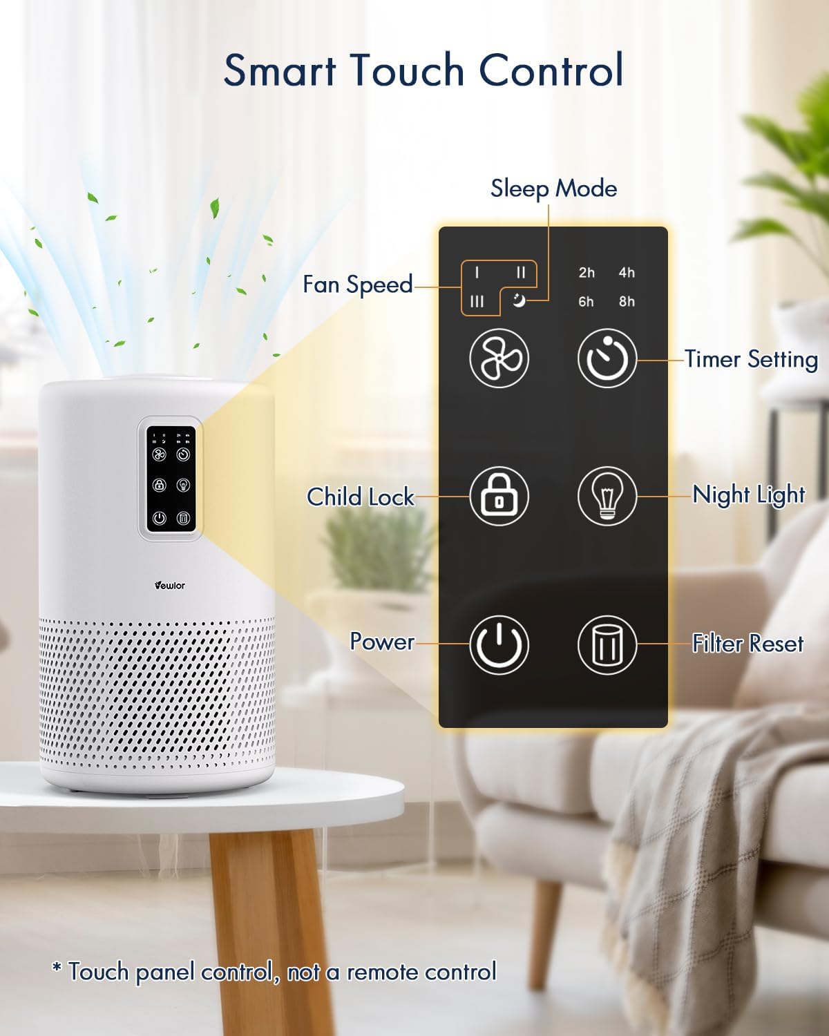 Home large room air purifier with lighting up to 1076ft², VEWIOR H13 True HEPA Air Purifier with Scented Sponge, Sleep Mode, Timer for Wildfire Smoke Pet Dust Pollen Odors (Banned by Amazon)