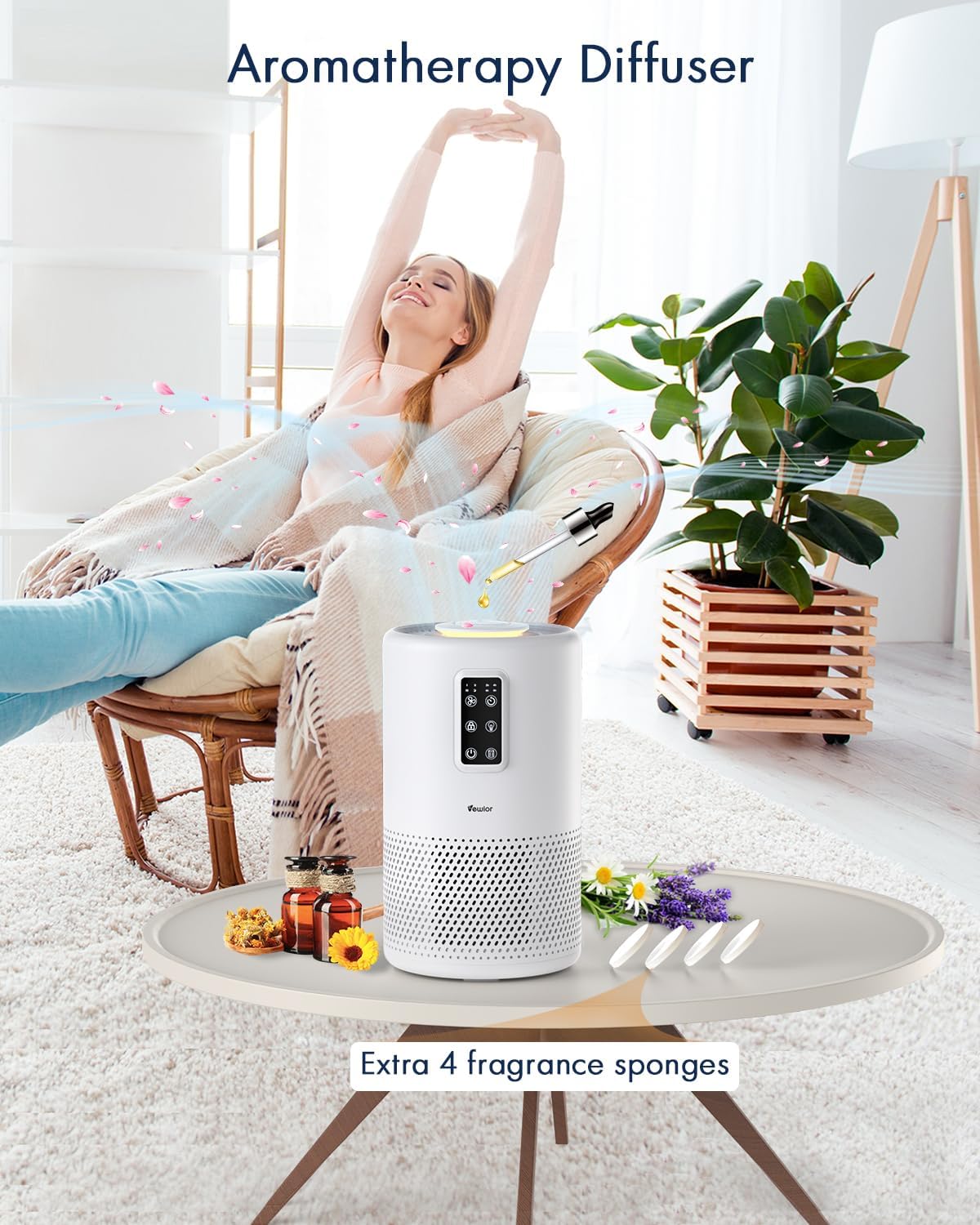 Home large room air purifier with lighting up to 1076ft², VEWIOR H13 True HEPA Air Purifier with Scented Sponge, Sleep Mode, Timer for Wildfire Smoke Pet Dust Pollen Odors (Banned by Amazon)