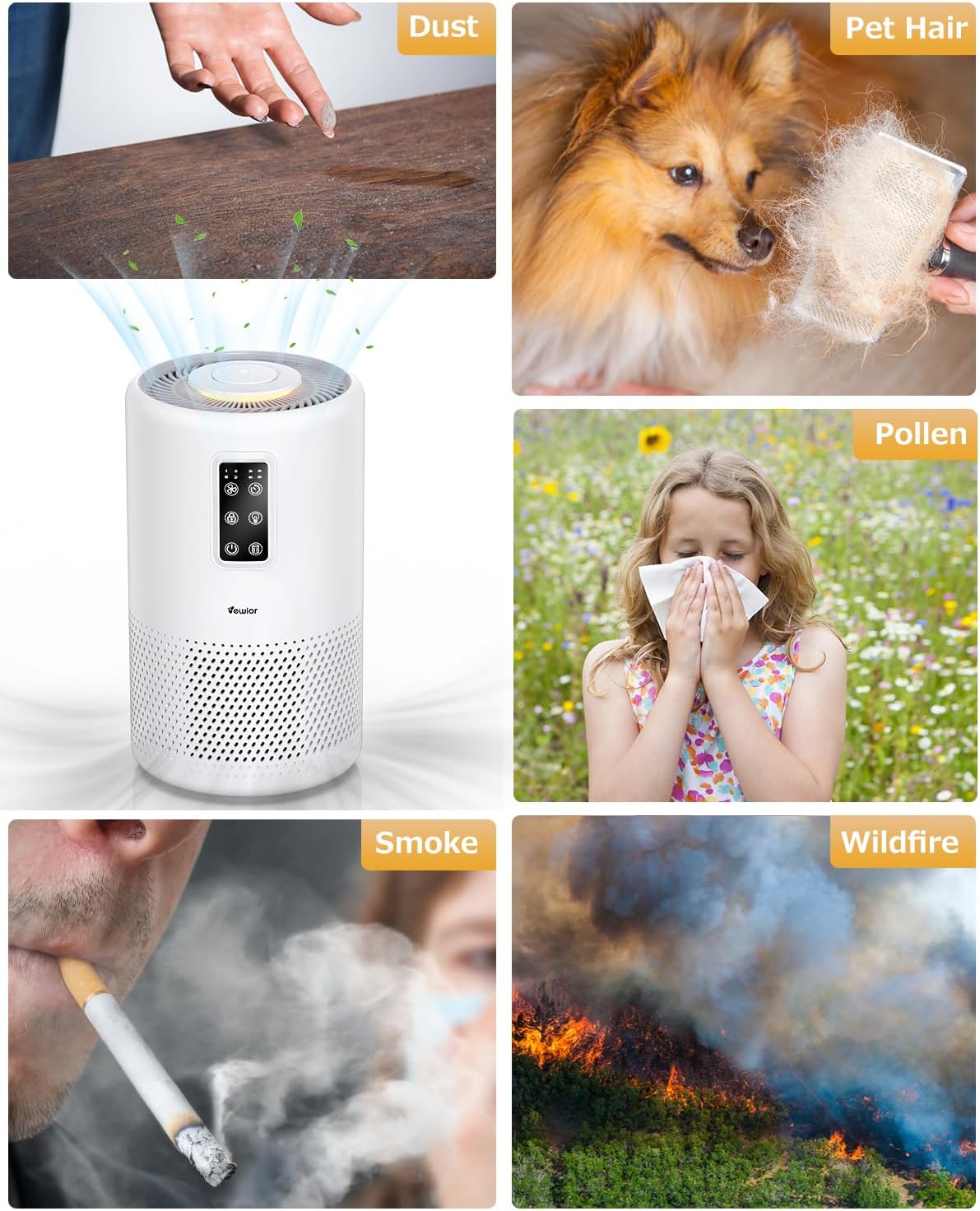 Home large room air purifier with lighting up to 1076ft², VEWIOR H13 True HEPA Air Purifier with Scented Sponge, Sleep Mode, Timer for Wildfire Smoke Pet Dust Pollen Odors (Banned by Amazon)