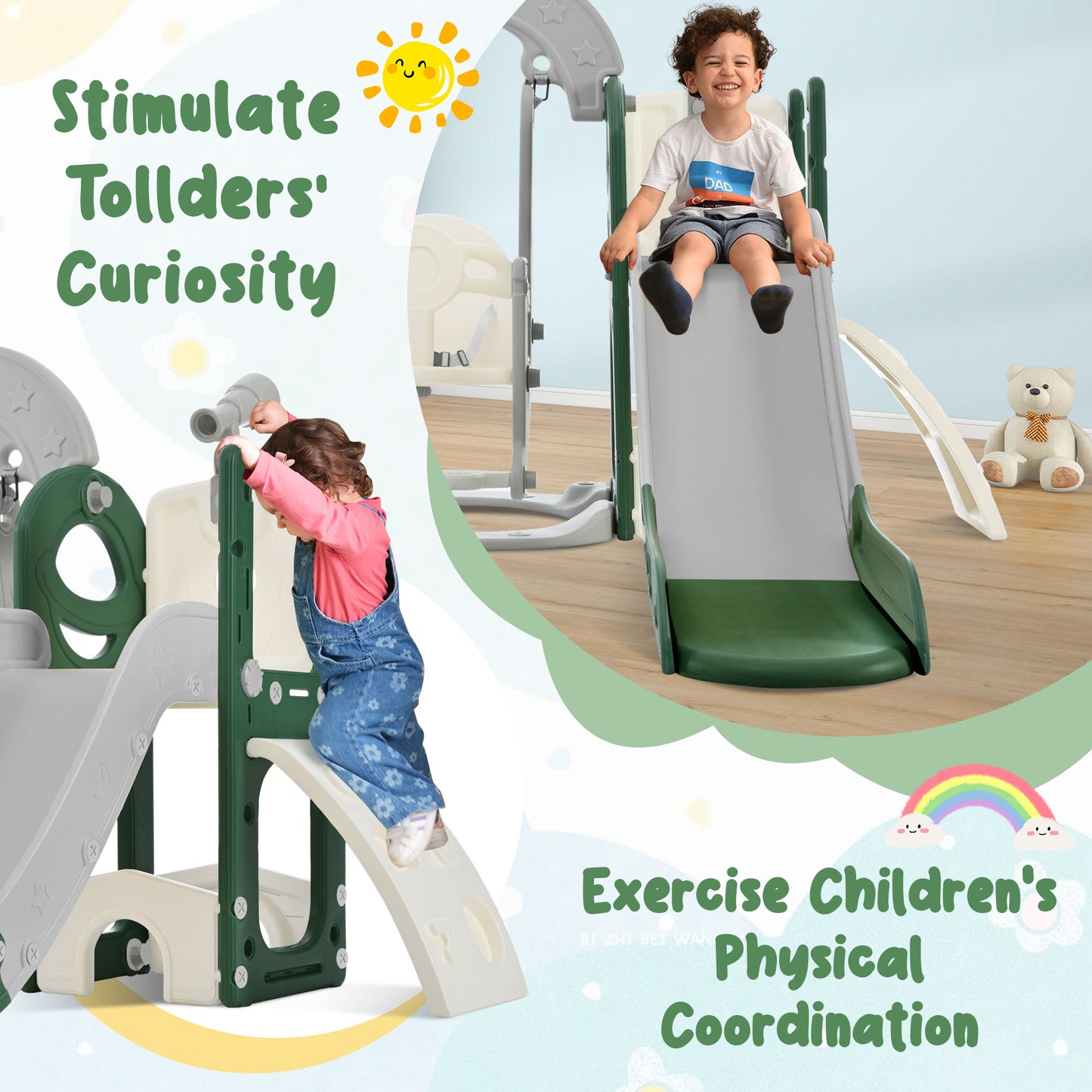 Toddler Slide and Swing Set 5 in 1, Kids Playground Climber Slide Playset with Telescope, Combination for Babies Indoor & Outdoor