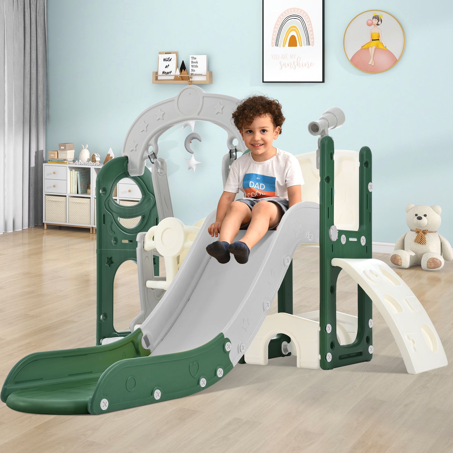 Toddler Slide and Swing Set 5 in 1, Kids Playground Climber Slide Playset with Telescope, Combination for Babies Indoor & Outdoor