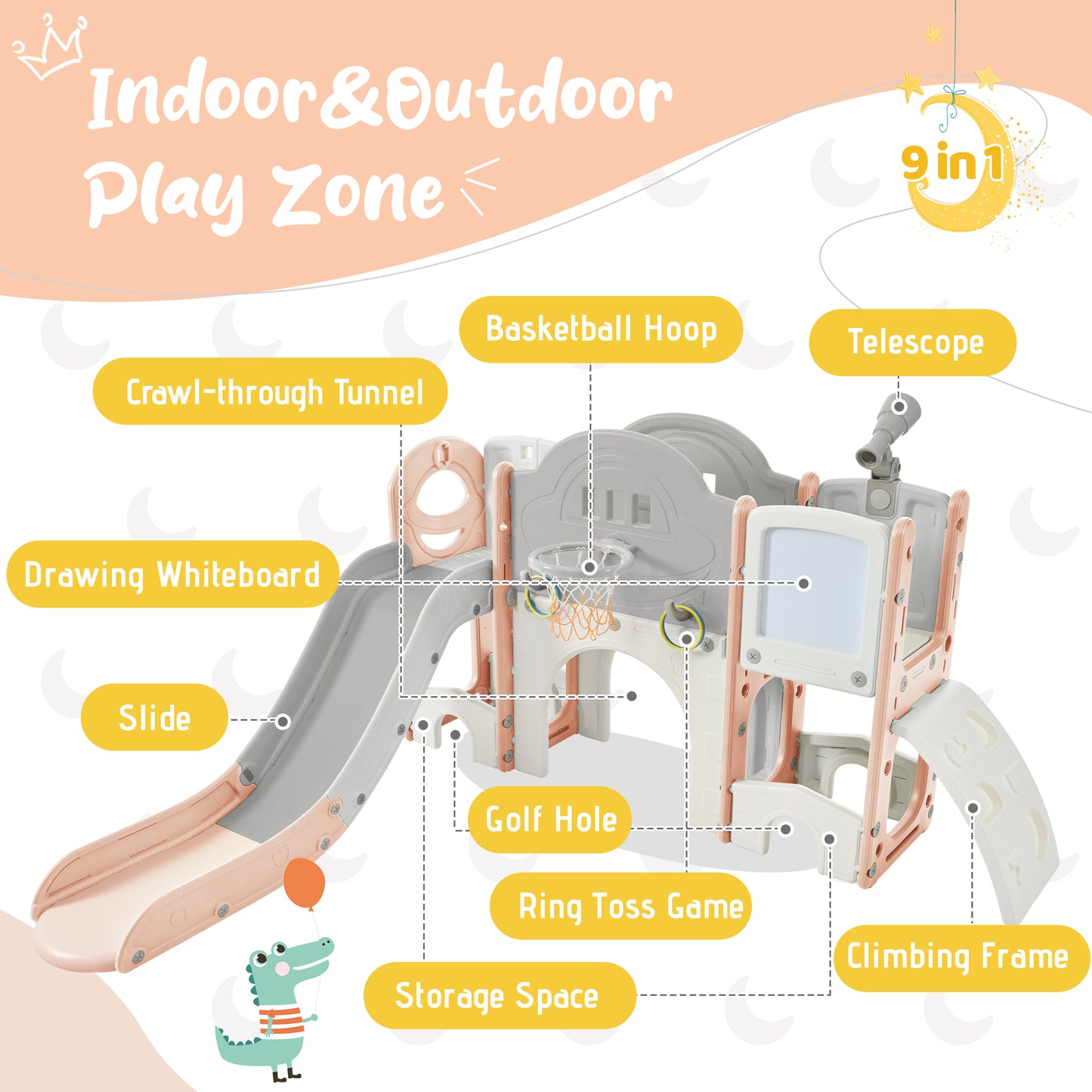 Kids Slide Playset Structure 9 in 1, Spaceship Set with Slide, Arch Tunnel, Ring Toss, Drawing Whiteboardl and Basketball Hoop for Toddlers, Kids Climbers Playground