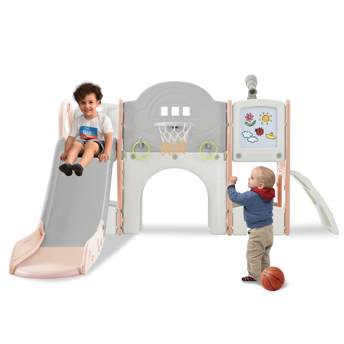 Kids Slide Playset Structure 9 in 1, Spaceship Set with Slide, Arch Tunnel, Ring Toss, Drawing Whiteboardl and Basketball Hoop for Toddlers, Kids Climbers Playground