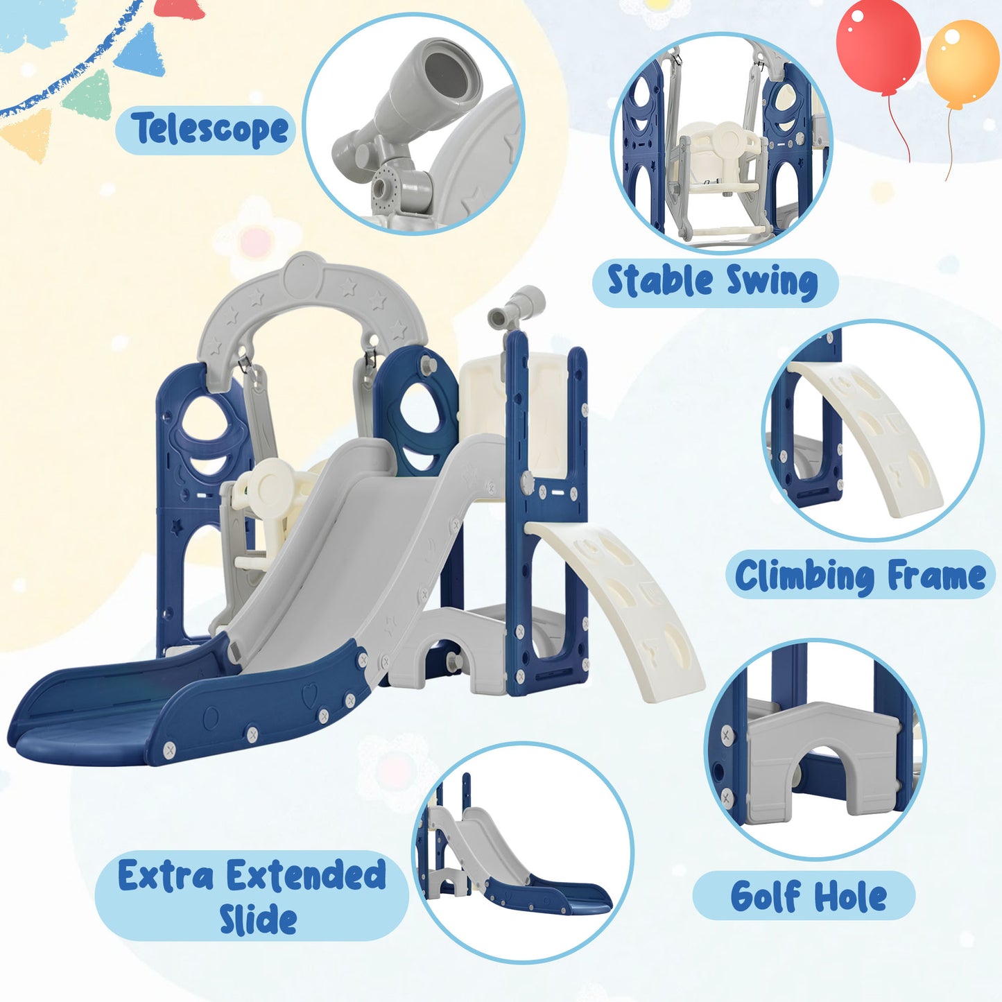 Toddler Slide and Swing Set 5 in 1, Kids Playground Climber Slide Playset with Telescope, Combination for Babies Indoor & Outdoor