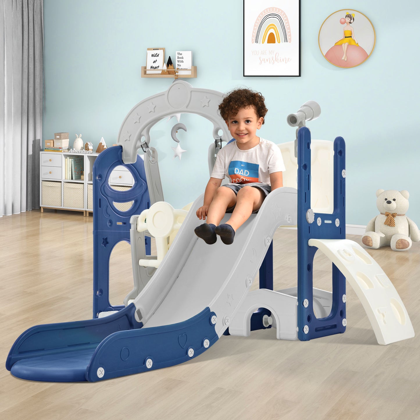 Toddler Slide and Swing Set 5 in 1, Kids Playground Climber Slide Playset with Telescope, Combination for Babies Indoor & Outdoor