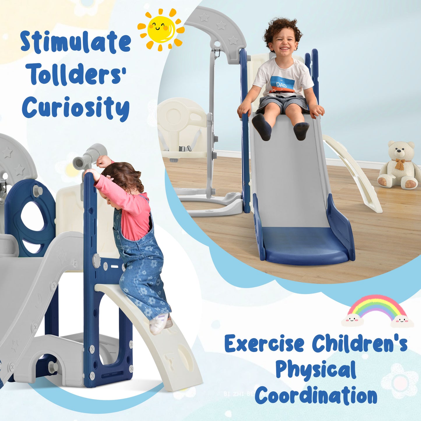Toddler Slide and Swing Set 5 in 1, Kids Playground Climber Slide Playset with Telescope, Combination for Babies Indoor & Outdoor