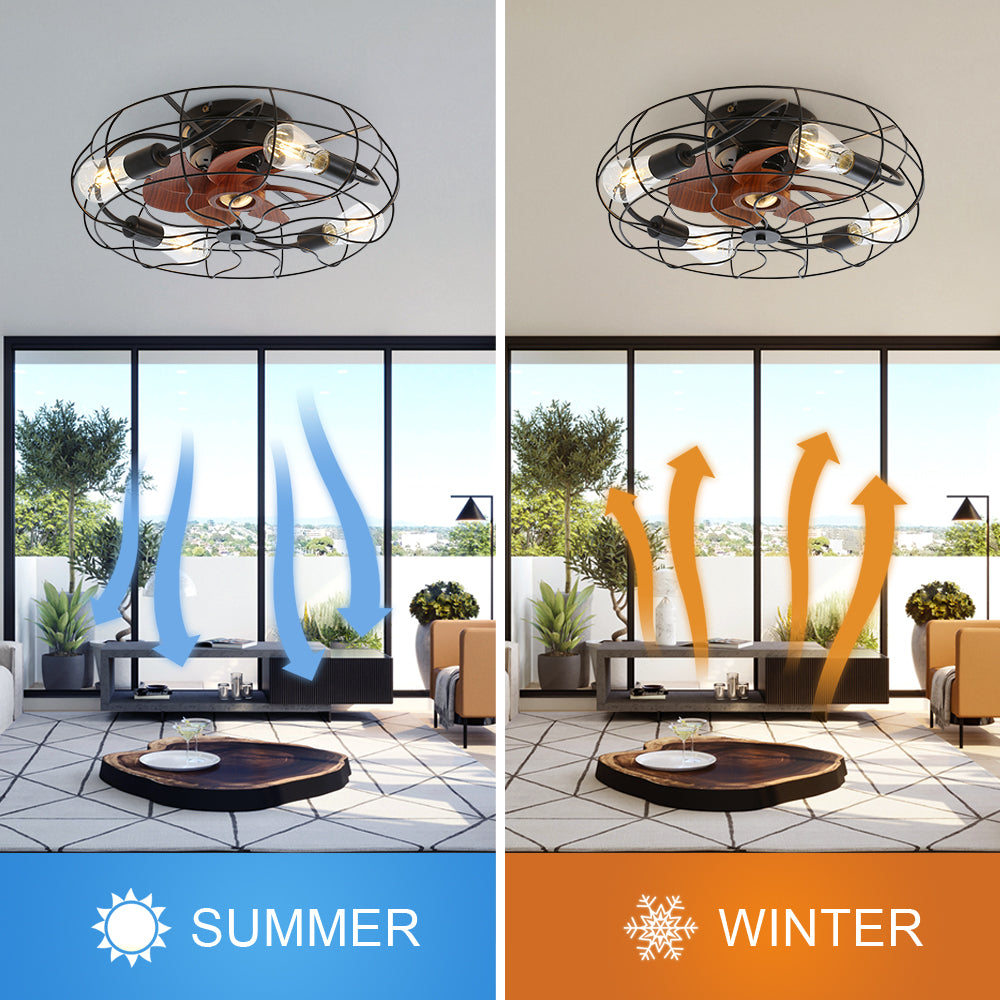 Industrial Style 20 Inch Led Ceiling Fan With Matte Black 6 Speed Wind E26 Remote Control Reversible DC Motor For Bedroom