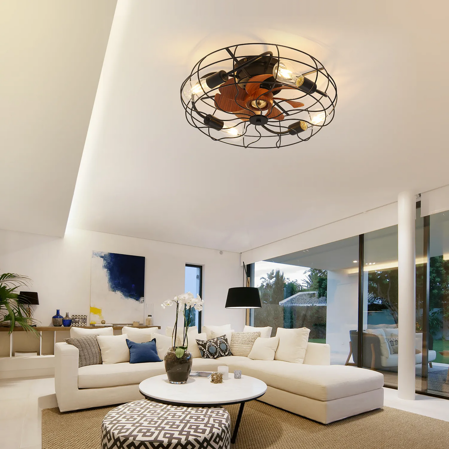 Industrial Style 20 Inch Led Ceiling Fan With Matte Black 6 Speed Wind E26 Remote Control Reversible DC Motor For Bedroom