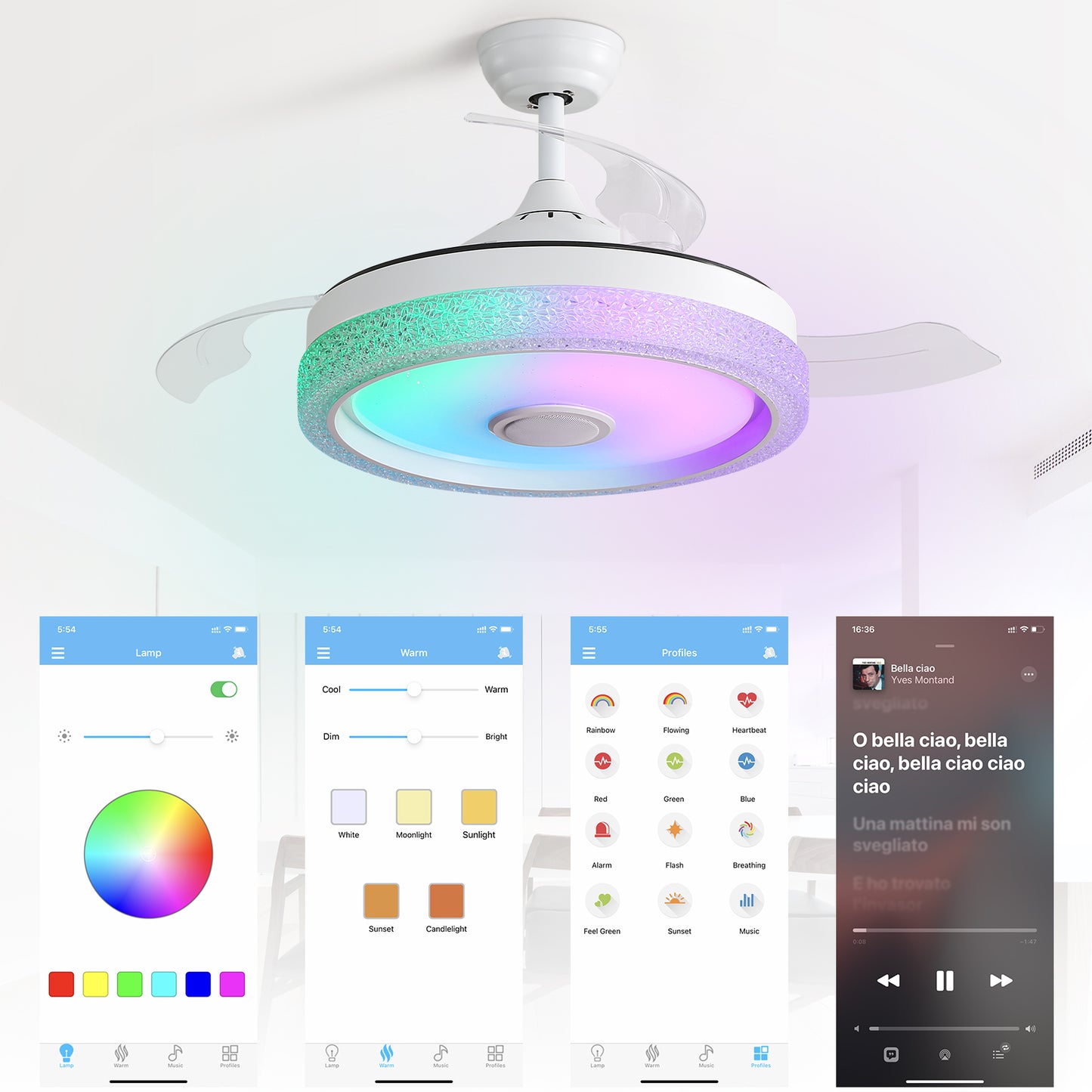 42 Inch Modern Invisible Ceiling Fan, 120V 3 ABS Blades Remote Control Reversible DC Motor, With 36W Led Light Smart APP Control, Past ETL Ceiling Fan