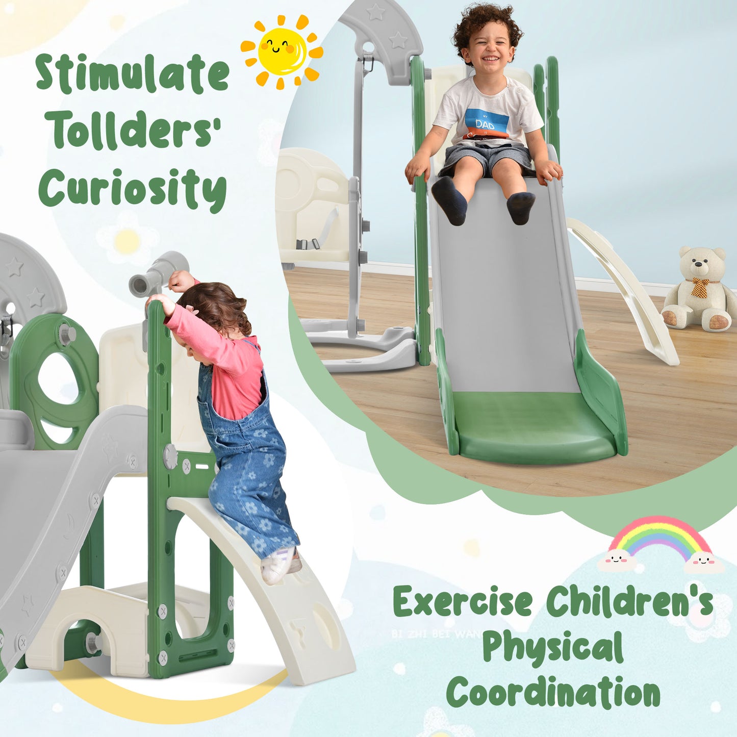Toddler Slide and Swing Set 5 in 1, Kids Playground Climber Slide Playset with Telescope, Combination for Babies Indoor & Outdoor