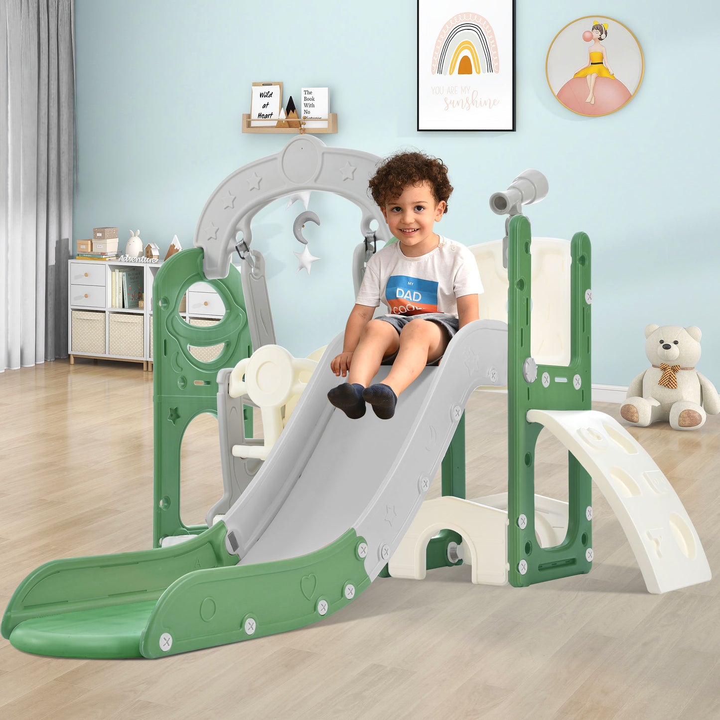 Toddler Slide and Swing Set 5 in 1, Kids Playground Climber Slide Playset with Telescope, Combination for Babies Indoor & Outdoor