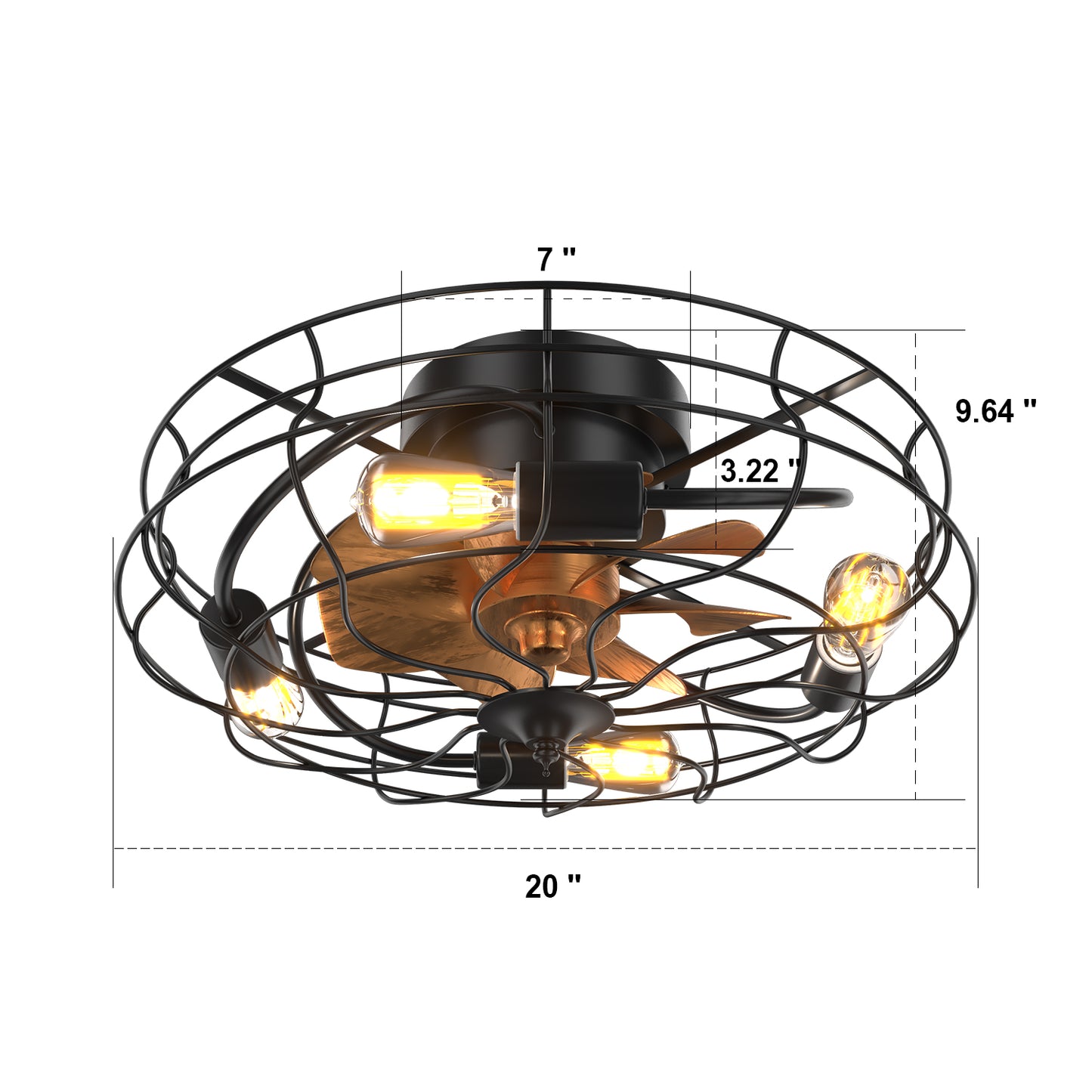 Industrial Style 20 Inch Led Ceiling Fan With Matte Black 6 Speed Wind E26 Remote Control Reversible DC Motor For Bedroom