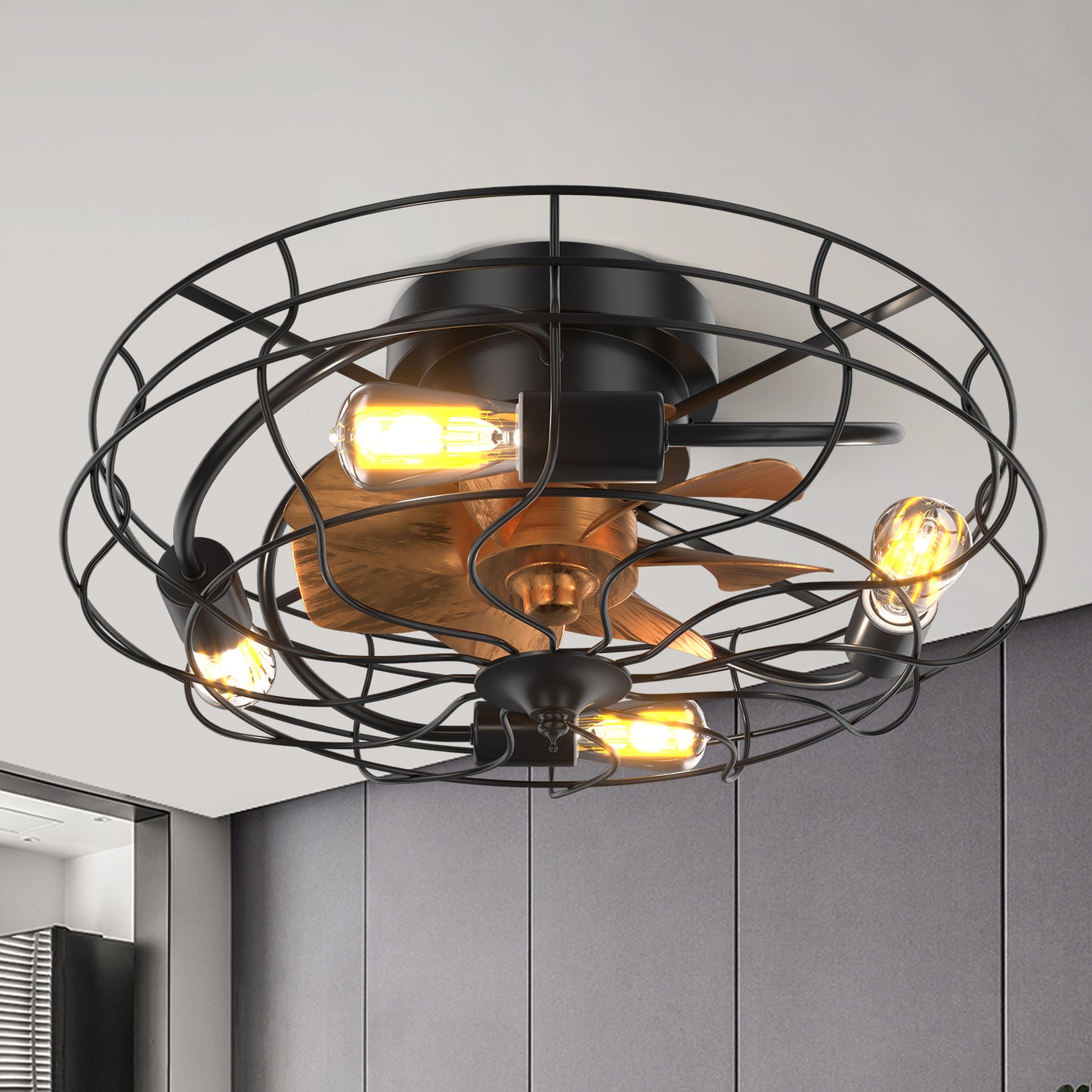 Industrial Style 20 Inch Led Ceiling Fan With Matte Black 6 Speed Wind E26 Remote Control Reversible DC Motor For Bedroom