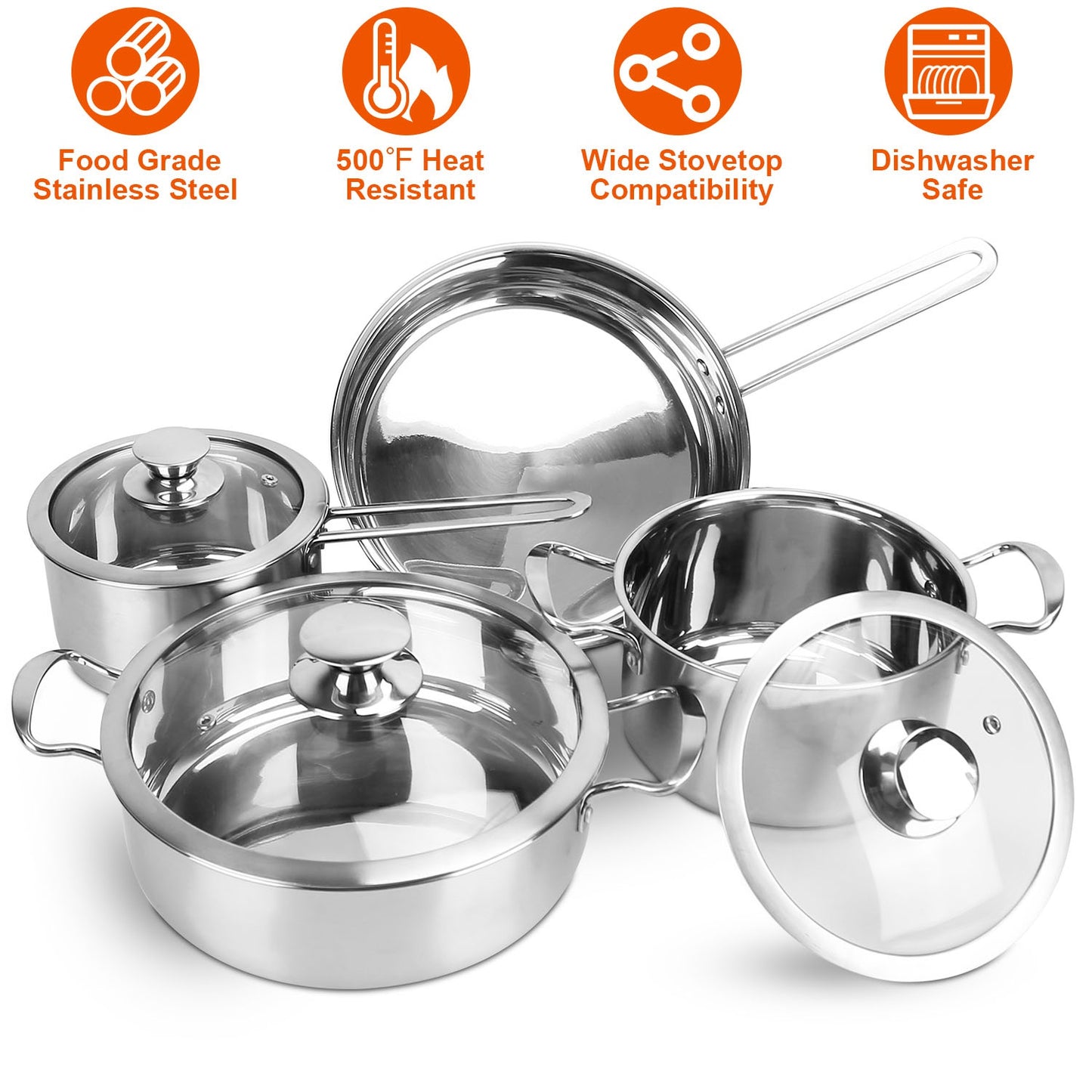 Stainless Steel Cookware Set Fast Even Heat Induction Pots Pans Set Dishwasher Safe with 2.7/3.7 Quart Stockpot 2 Quart Saucepan 9.17in Frying Pan(No shipments on weekends)