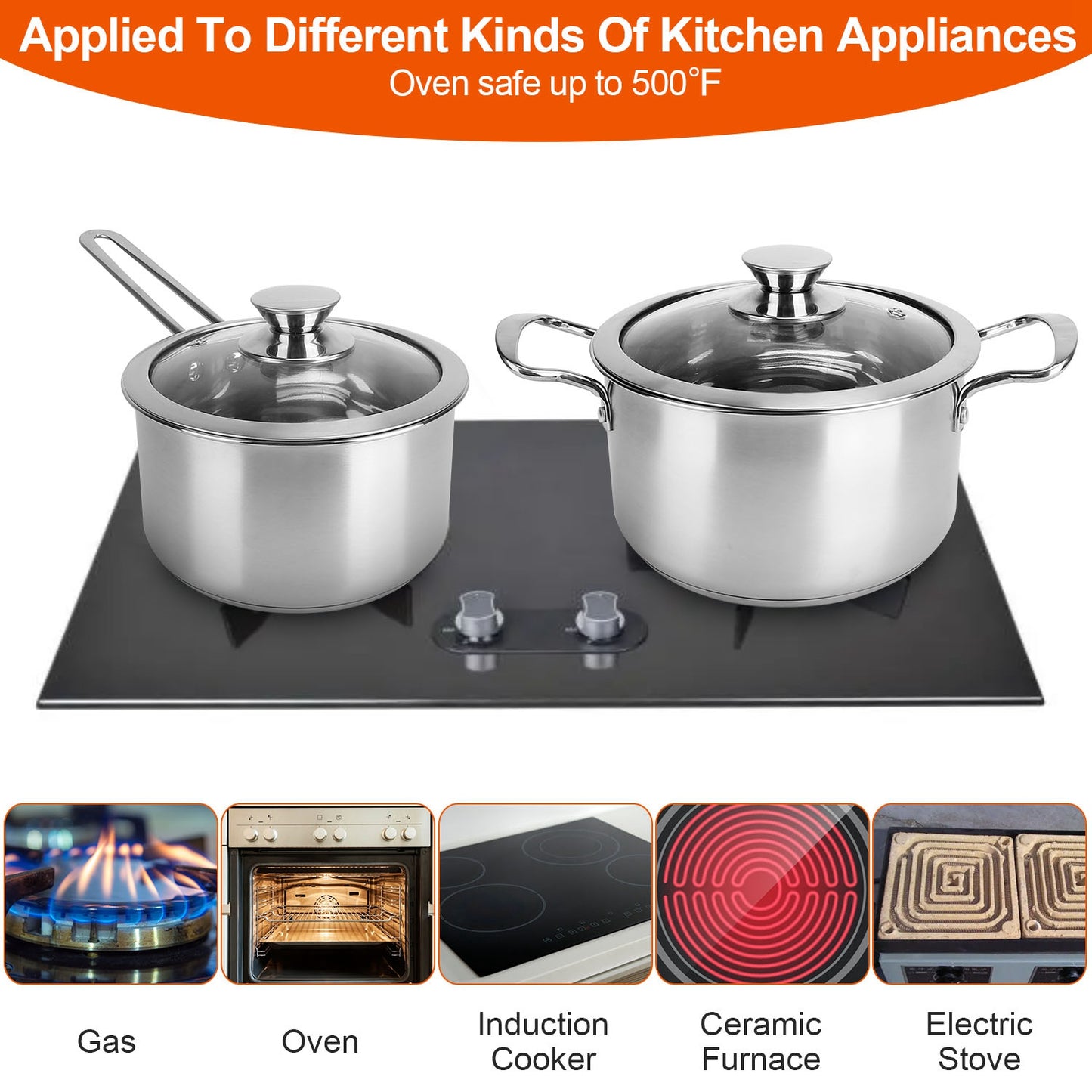 Stainless Steel Cookware Set Fast Even Heat Induction Pots Pans Set Dishwasher Safe with 2.7/3.7 Quart Stockpot 2 Quart Saucepan 9.17in Frying Pan(No shipments on weekends)