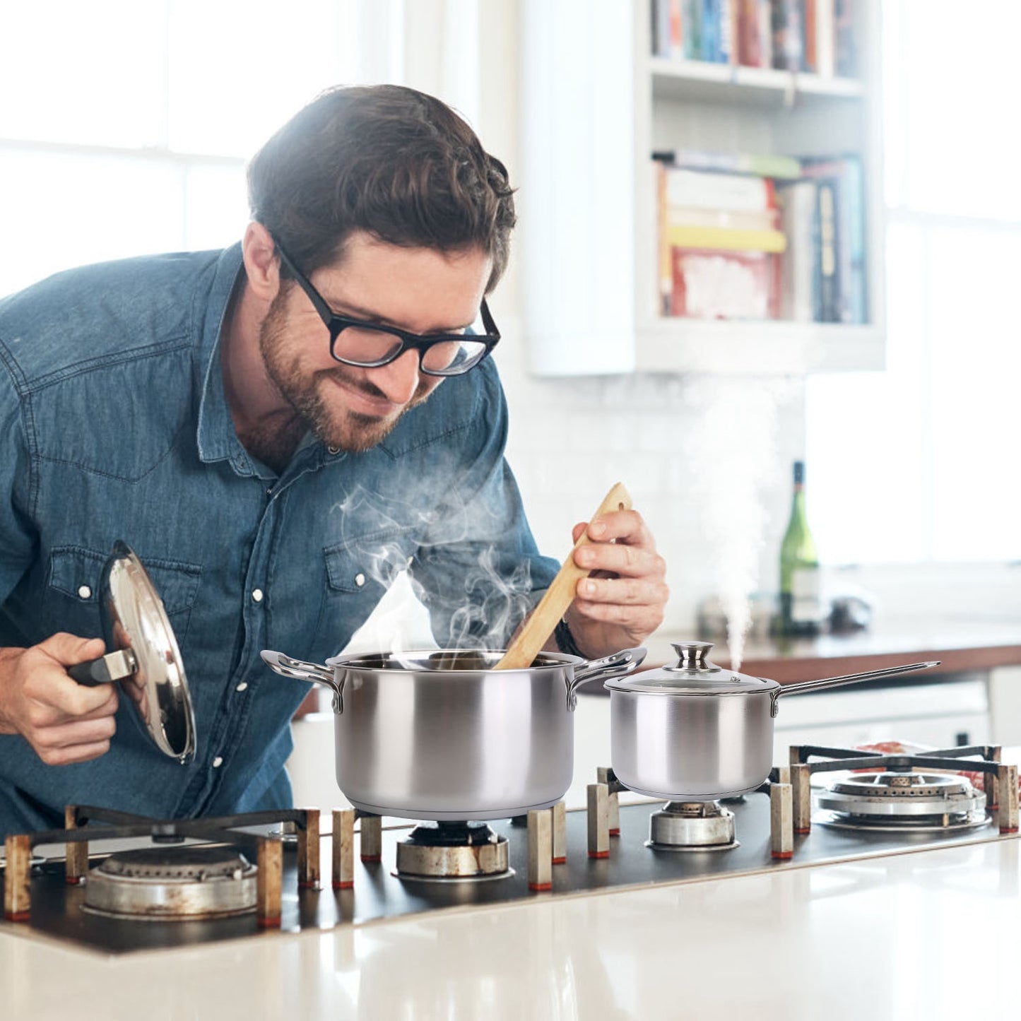 Stainless Steel Cookware Set Fast Even Heat Induction Pots Pans Set Dishwasher Safe with 2.7/3.7 Quart Stockpot 2 Quart Saucepan 9.17in Frying Pan(No shipments on weekends)