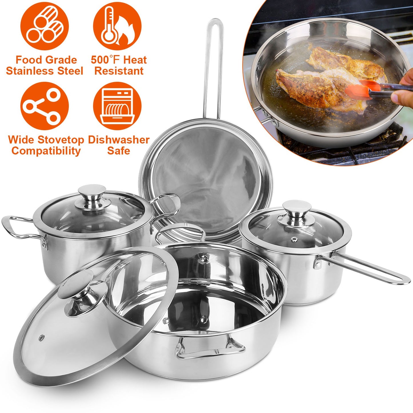 Stainless Steel Cookware Set Fast Even Heat Induction Pots Pans Set Dishwasher Safe with 2.7/3.7 Quart Stockpot 2 Quart Saucepan 9.17in Frying Pan(No shipments on weekends)