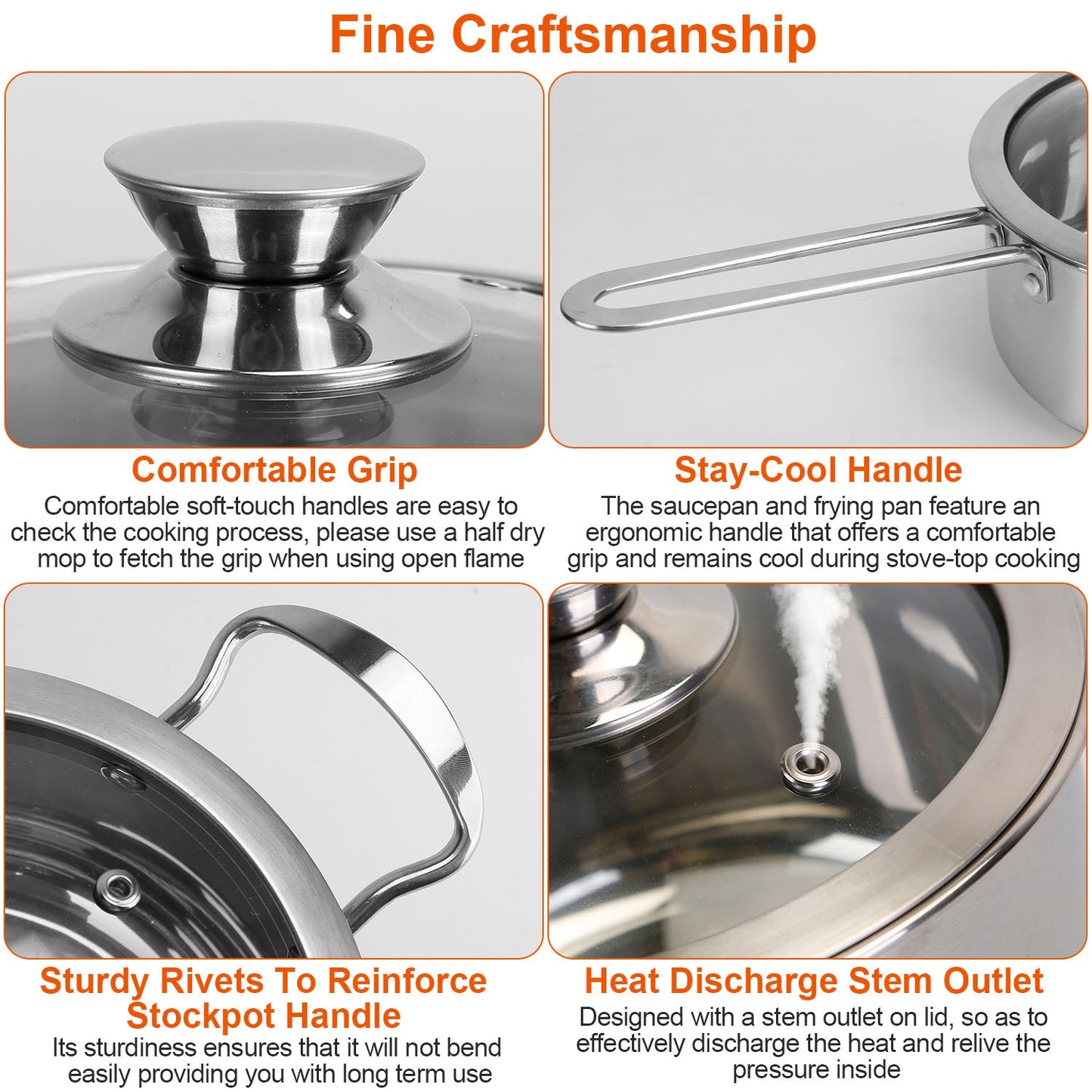 Stainless Steel Cookware Set Fast Even Heat Induction Pots Pans Set Dishwasher Safe with 2.7/3.7 Quart Stockpot 2 Quart Saucepan 9.17in Frying Pan(No shipments on weekends)