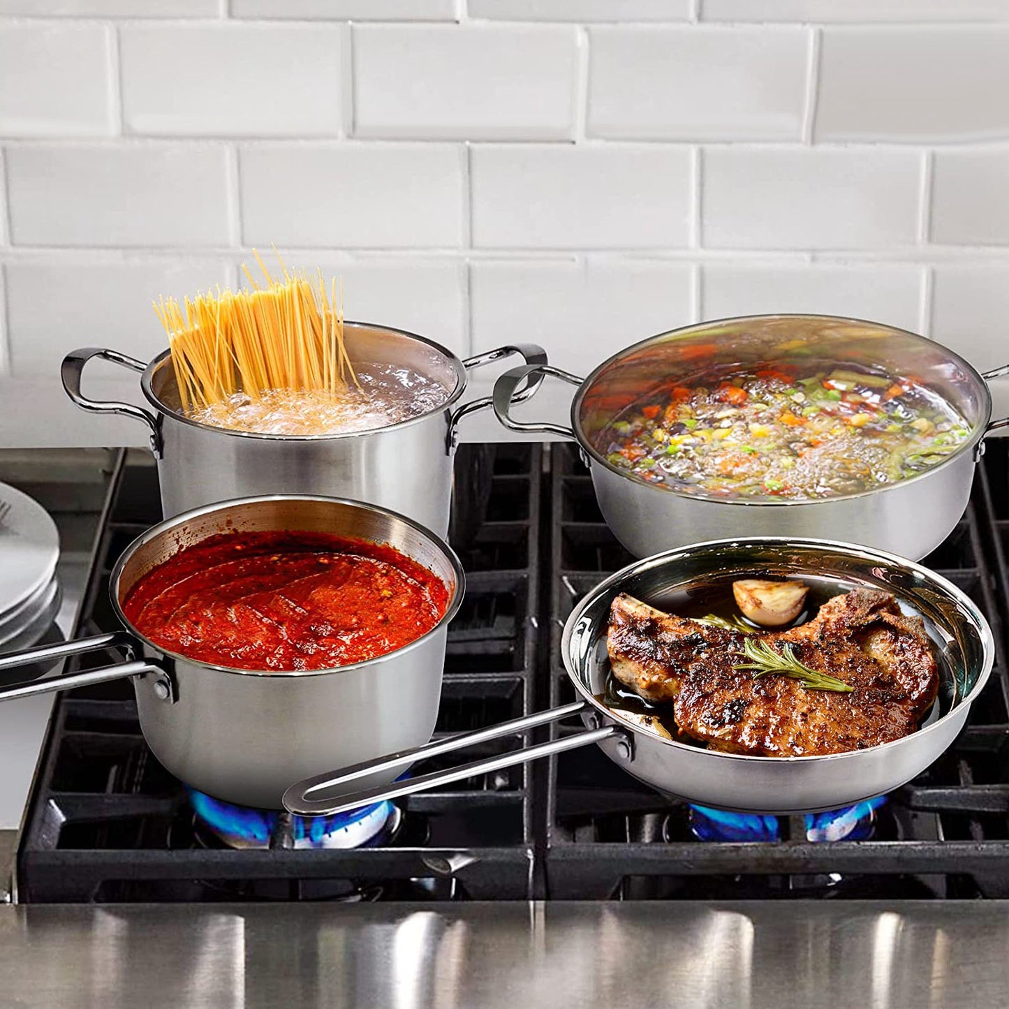 Stainless Steel Cookware Set Fast Even Heat Induction Pots Pans Set Dishwasher Safe with 2.7/3.7 Quart Stockpot 2 Quart Saucepan 9.17in Frying Pan(No shipments on weekends)