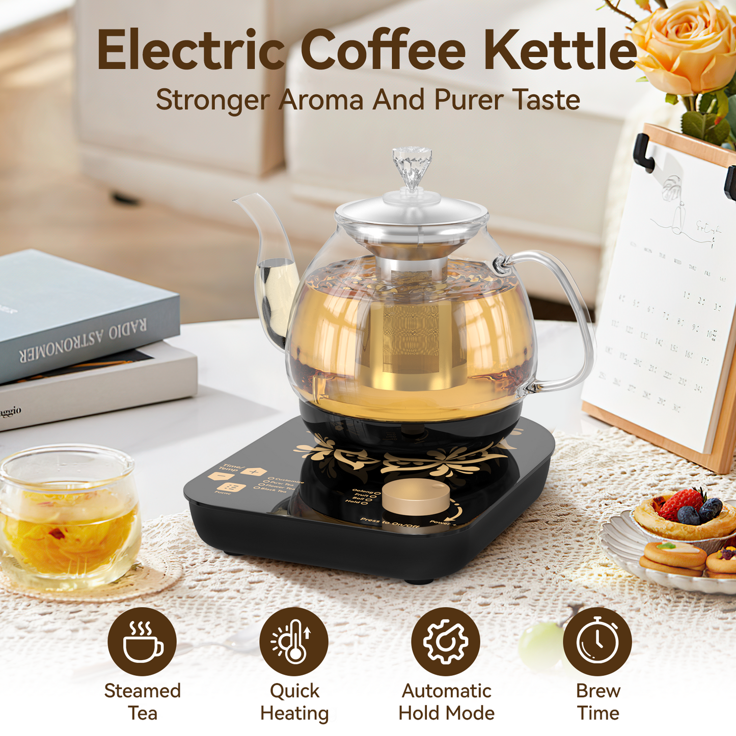 Compact Tea Maker Electric Glass Kettle,Dual Methods of Steaming and Brewing with Temperature and Timer Programs,Cordless 800W 0.8 Liters capacity for get your favorite teas.