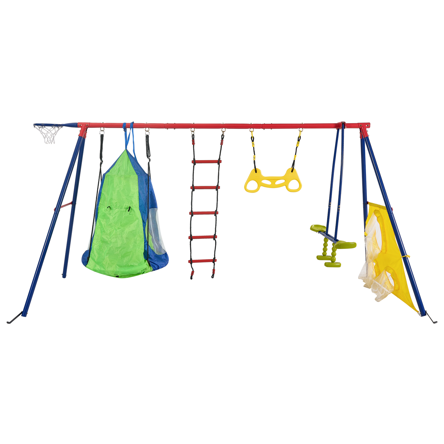 XNS092 rinbow colour interesting four function swingset with net swing and face to face metal plastic safe swing seat 550lbs for outdoor playground for age 3+