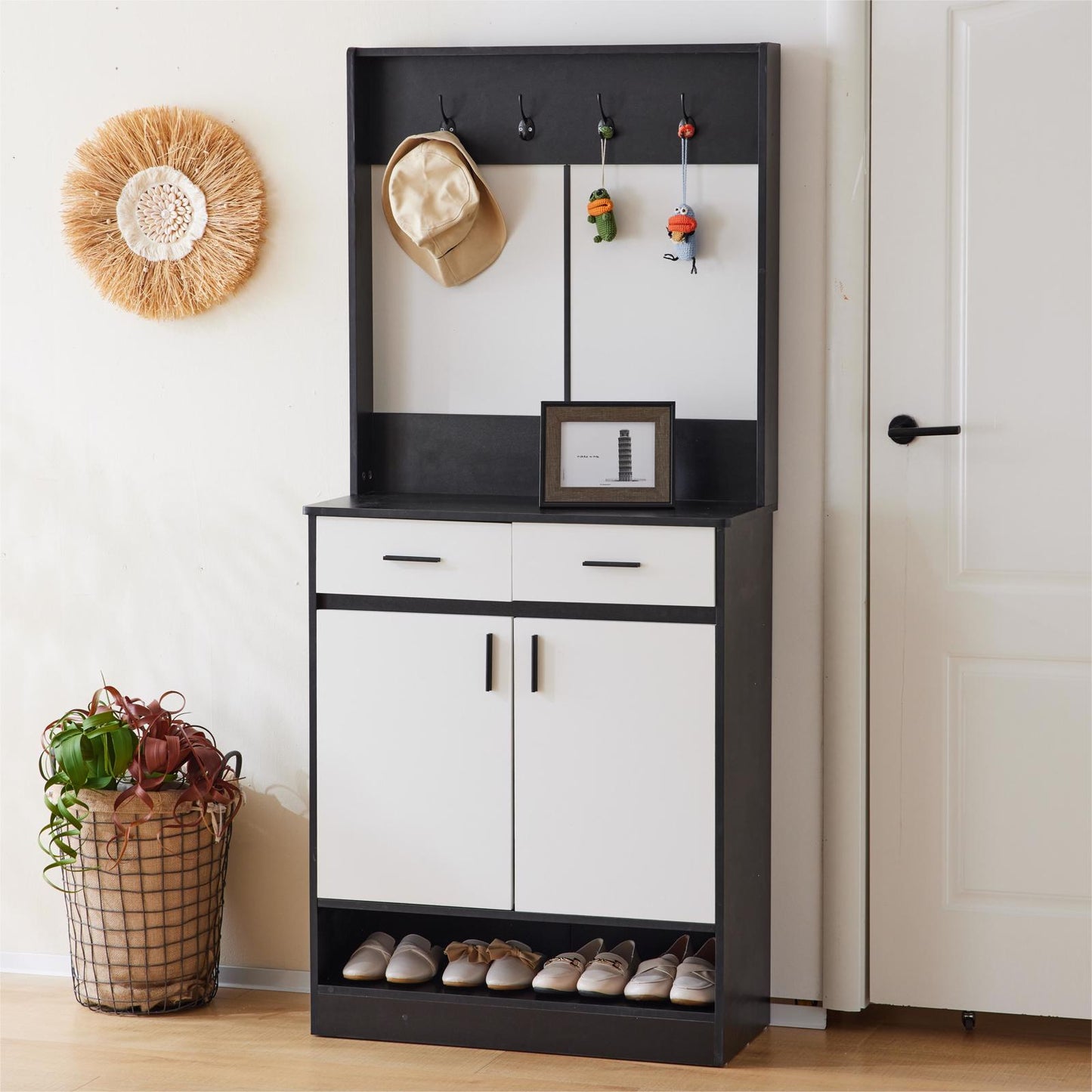 Entryway Bedroom Armoire,Shoe Cabinet,Wardrobe Armoire Closet, Drawers and Shelves,  Handles,  Hanging Rod, white and black