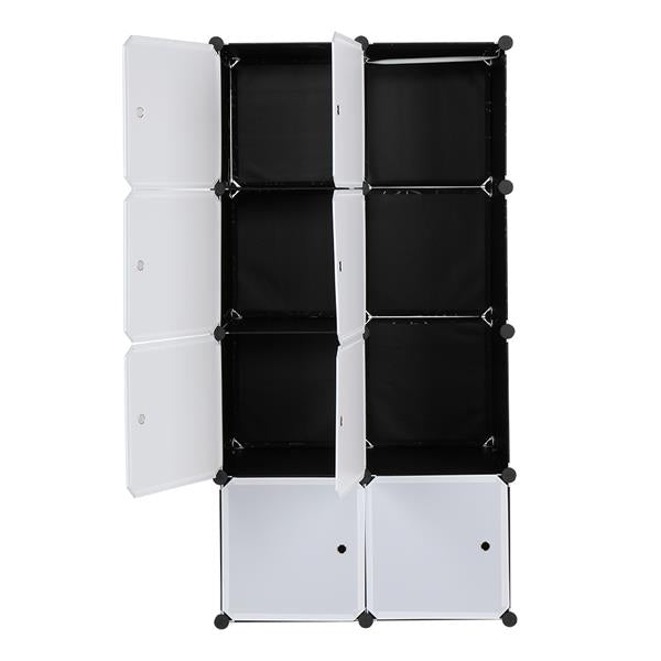 8 Cube Organizer Stackable Plastic Cube Storage Shelves Design Multifunctional Modular Closet Cabinet with Hanging Rod White Doors and Black Panels