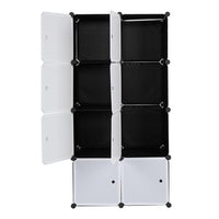 8 Cube Organizer Stackable Plastic Cube Storage Shelves Design Multifunctional Modular Closet Cabinet with Hanging Rod White Doors and Black Panels