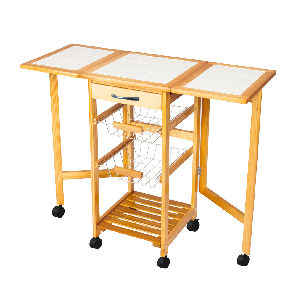 Portable Rolling Drop Leaf Kitchen Storage Trolley Cart Island Sapele Color