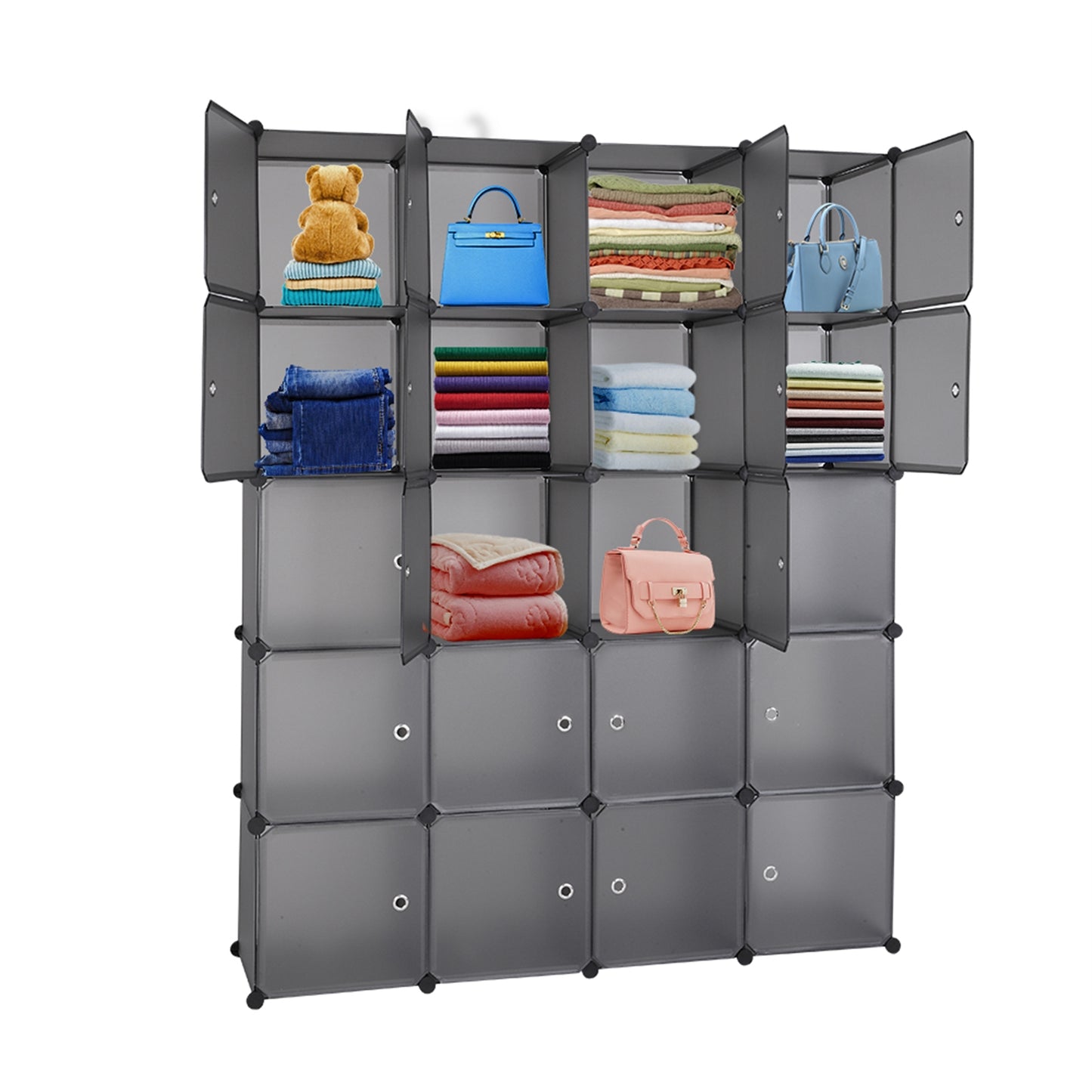 20 Cube Organizer Stackable Plastic Cube Storage Shelves Design Multifunctional Modular Closet Cabinet with Hanging Rod Gray