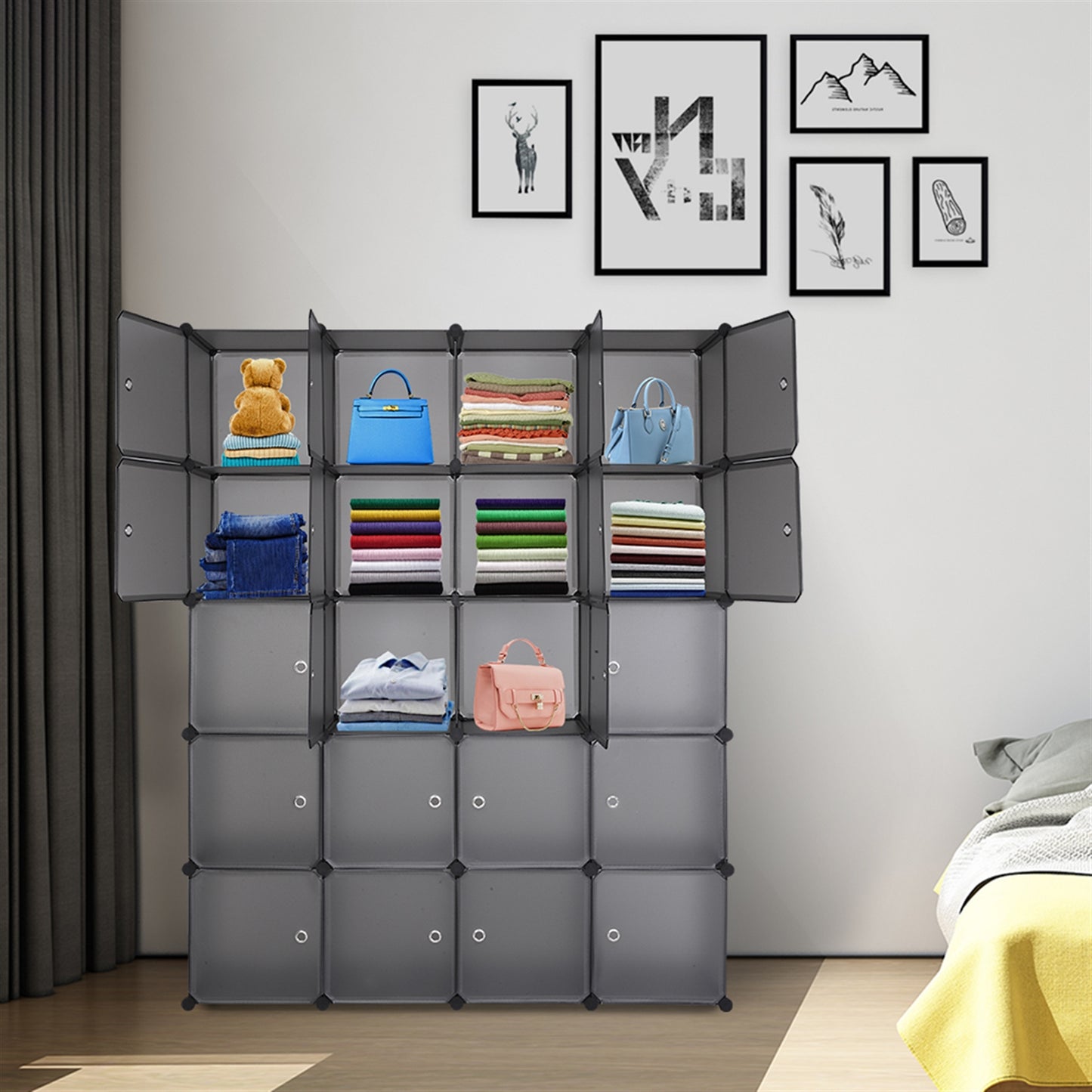 20 Cube Organizer Stackable Plastic Cube Storage Shelves Design Multifunctional Modular Closet Cabinet with Hanging Rod Gray