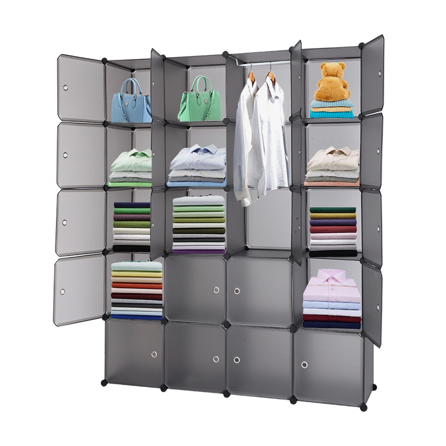 20 Cube Organizer Stackable Plastic Cube Storage Shelves Design Multifunctional Modular Closet Cabinet with Hanging Rod Gray