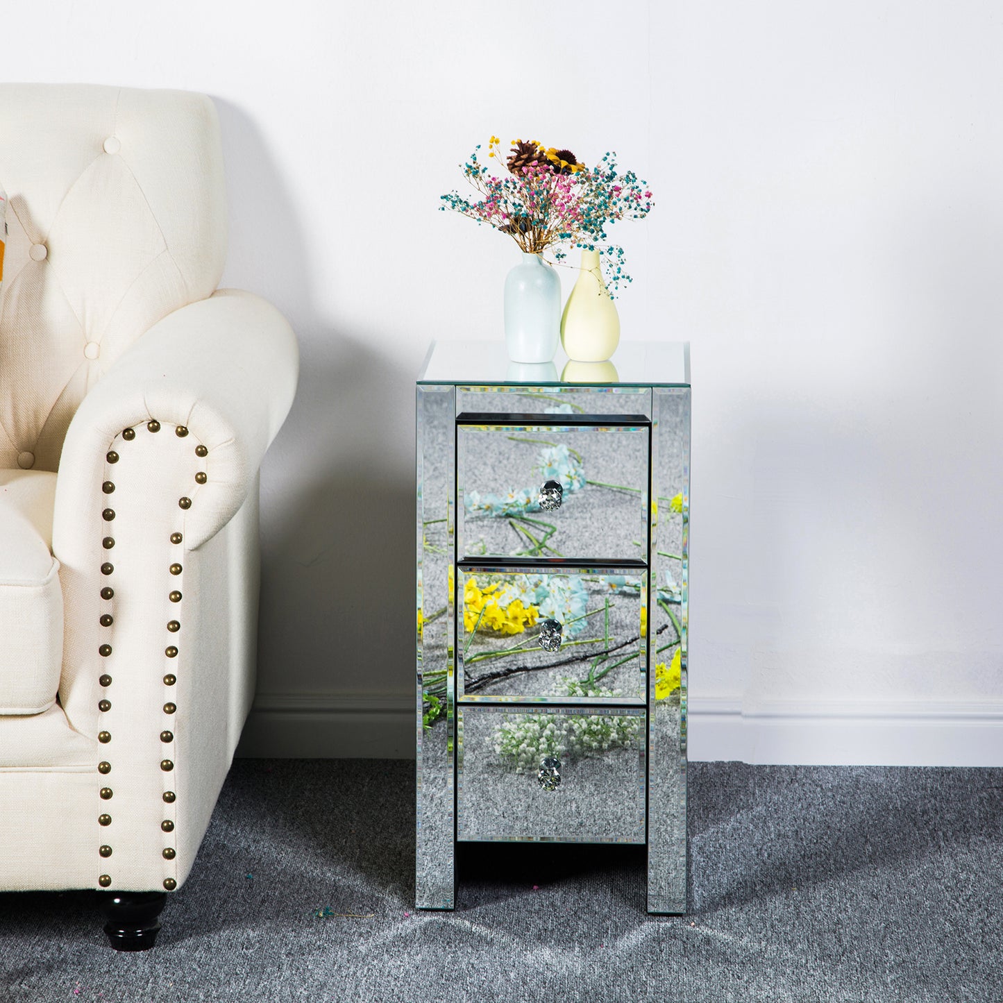 Mirrored Glass Bedside Table with Three Drawers Size S