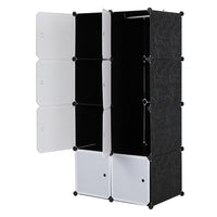 8 Cube Organizer Stackable Plastic Cube Storage Shelves Design Multifunctional Modular Closet Cabinet with Hanging Rod White Doors and Black Panels