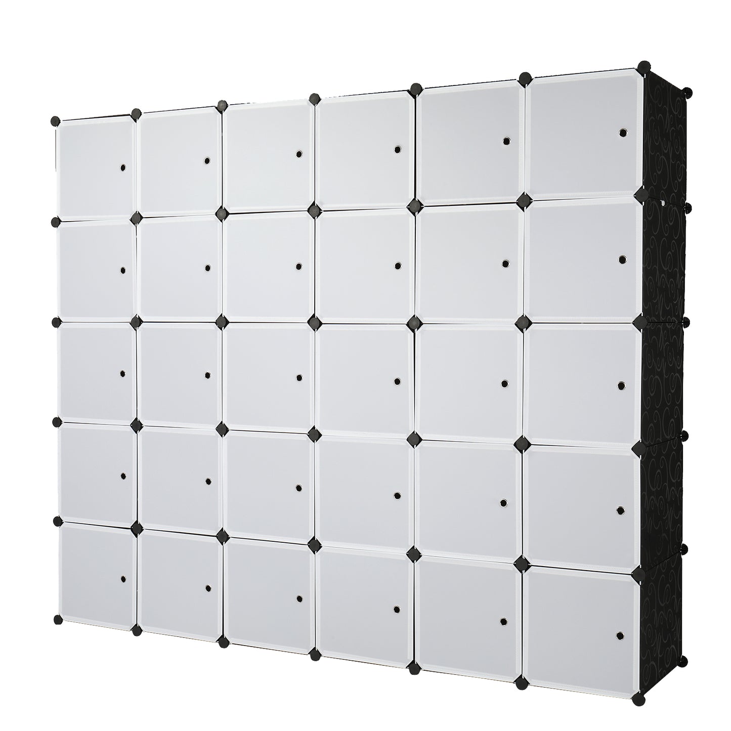 30 Cube Organizer Stackable Plastic Cube Storage Shelves Design Multifunctional Modular Closet Cabinet with Hanging Rod White Doors and Black Panels