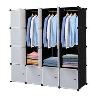 16 Cube Organizer Stackable Plastic Cube Storage Shelves Design Multifunctional Modular Closet Cabinet with Hanging Rod White Doors and Black Panels