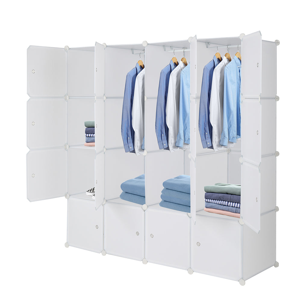 4-layer 16 Cube Organizer Stackable Plastic Cube Storage, Plastic + Steel Wire with 3 Clothes Rails, Free to Assemble, White